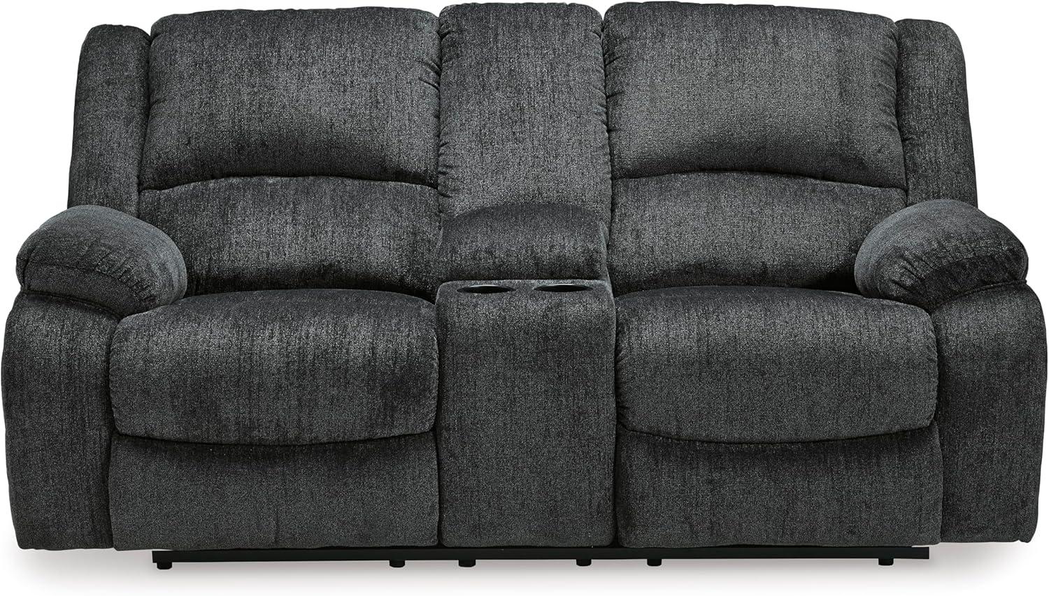 imageSignature Design by Ashley Draycoll Contemporary Reclining Loveseat with Storage Console and Cup Holders Pull Tab Reclining 21 Seat Height Dark GrayGrey