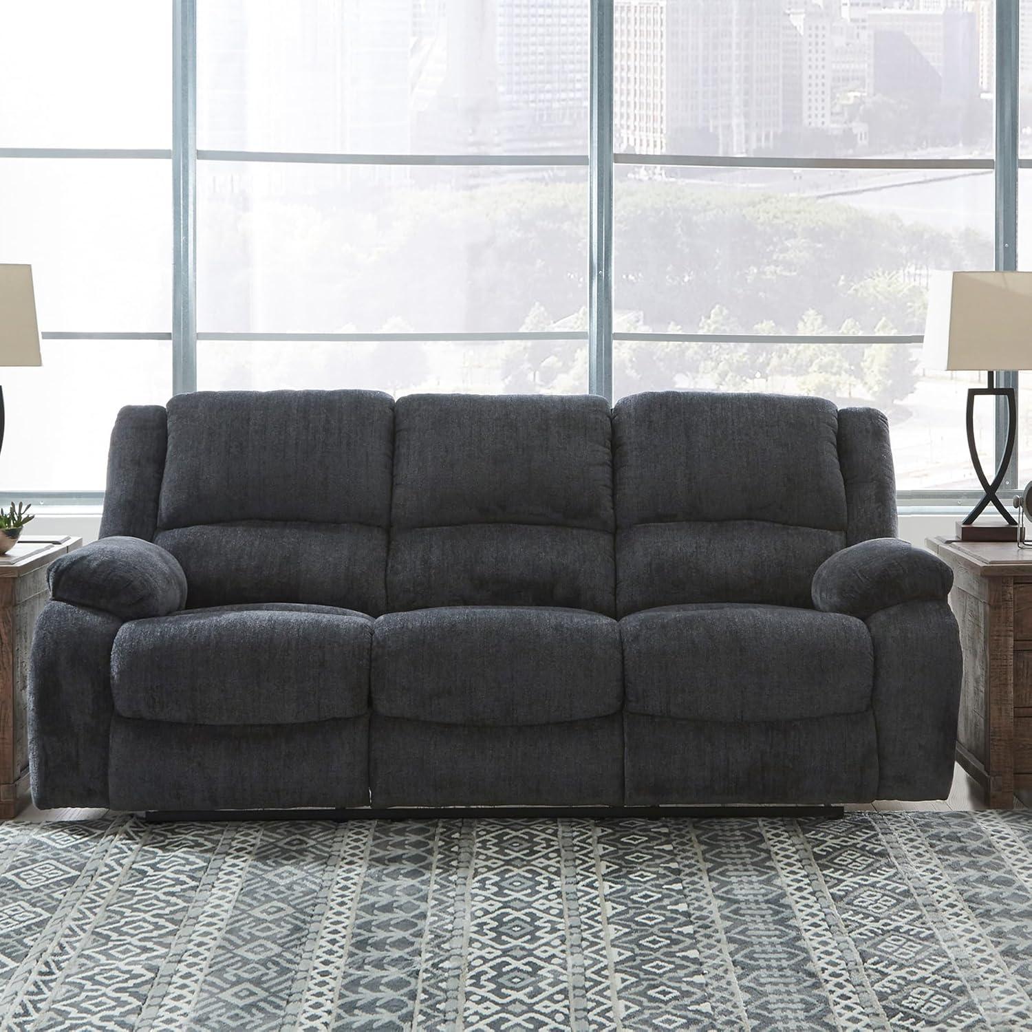 imageSignature Design by Ashley Draycoll Contemporary Reclining Loveseat with Storage Console and Cup Holders Pull Tab Reclining 21 Seat Height Dark GrayGrey