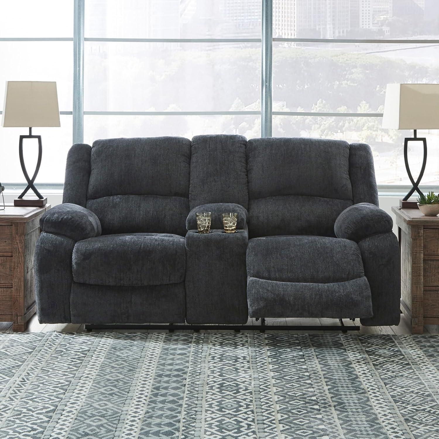 imageSignature Design by Ashley Draycoll Contemporary Reclining Loveseat with Storage Console and Cup Holders Pull Tab Reclining 21 Seat Height Dark GrayGrey