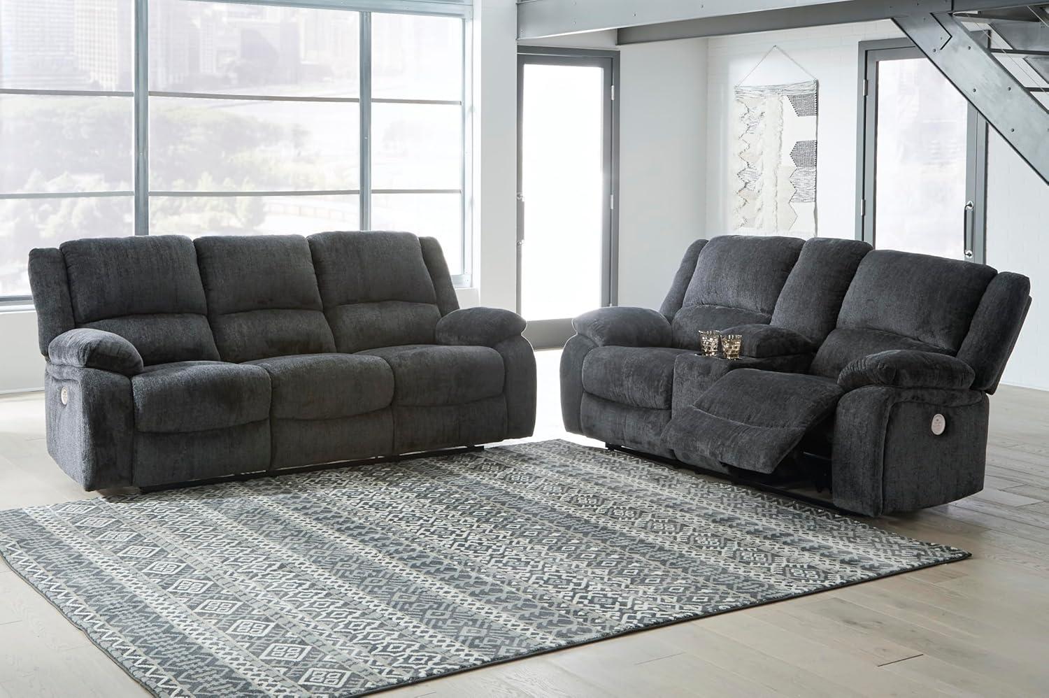 imageSignature Design by Ashley Draycoll Contemporary Reclining Loveseat with Storage Console and Cup Holders Pull Tab Reclining 21 Seat Height Dark GrayGrey
