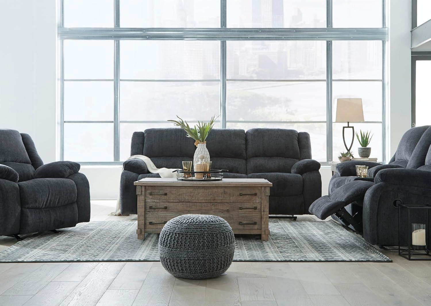 imageSignature Design by Ashley Draycoll Contemporary Reclining Loveseat with Storage Console and Cup Holders Pull Tab Reclining 21 Seat Height Dark GrayGrey