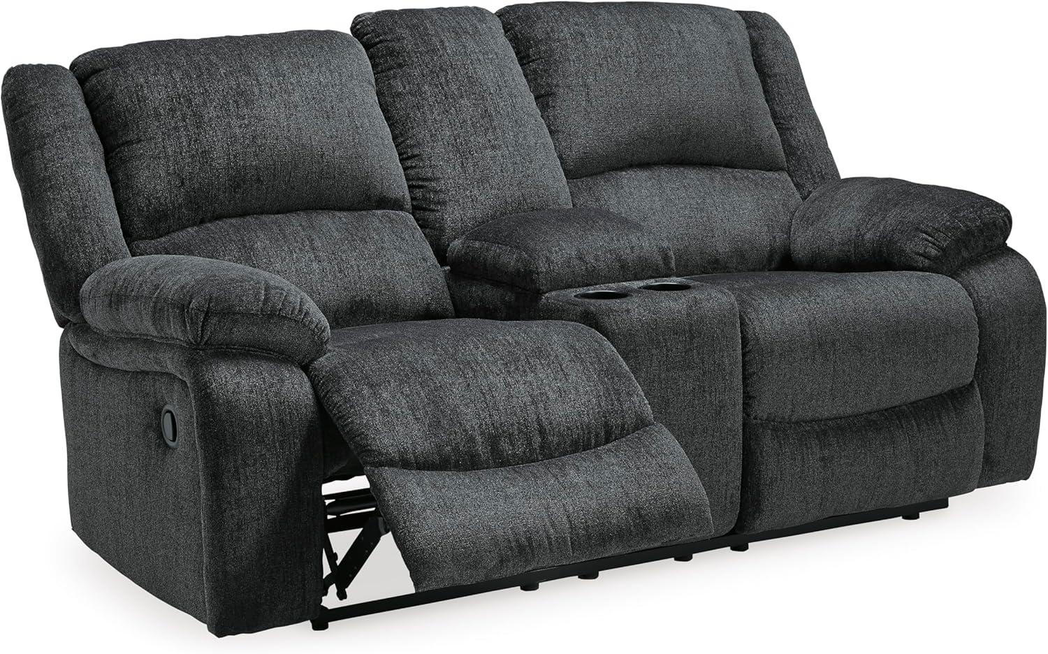 imageSignature Design by Ashley Draycoll Contemporary Reclining Loveseat with Storage Console and Cup Holders Pull Tab Reclining 21 Seat Height Dark GrayGrey