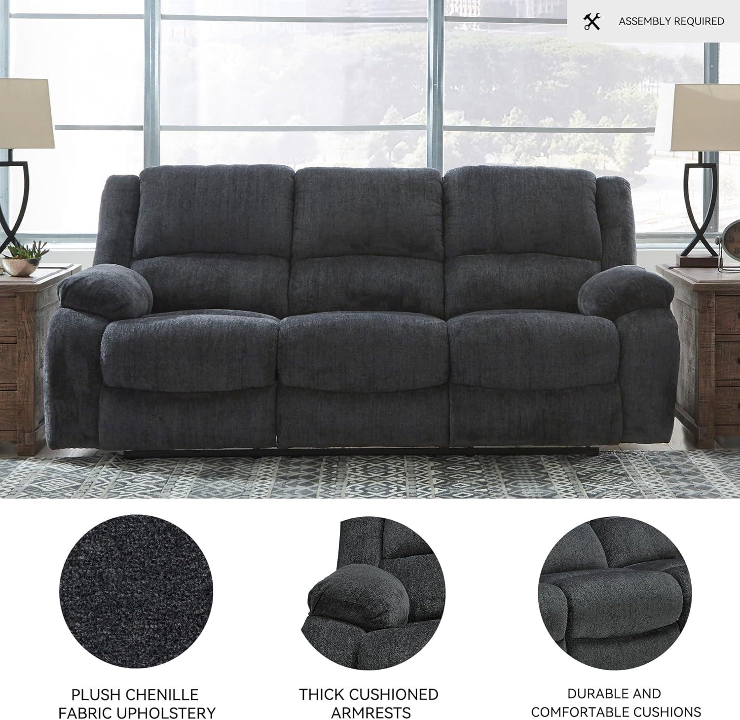 imageSignature Design by Ashley Draycoll Contemporary Reclining Loveseat with Storage Console and Cup Holders Pull Tab Reclining 21 Seat Height Dark GrayGrey
