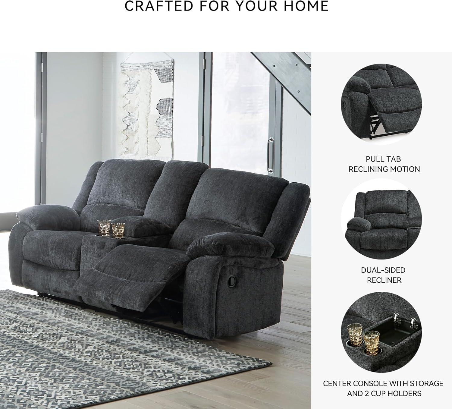 imageSignature Design by Ashley Draycoll Contemporary Reclining Loveseat with Storage Console and Cup Holders Pull Tab Reclining 21 Seat Height Dark GrayGrey