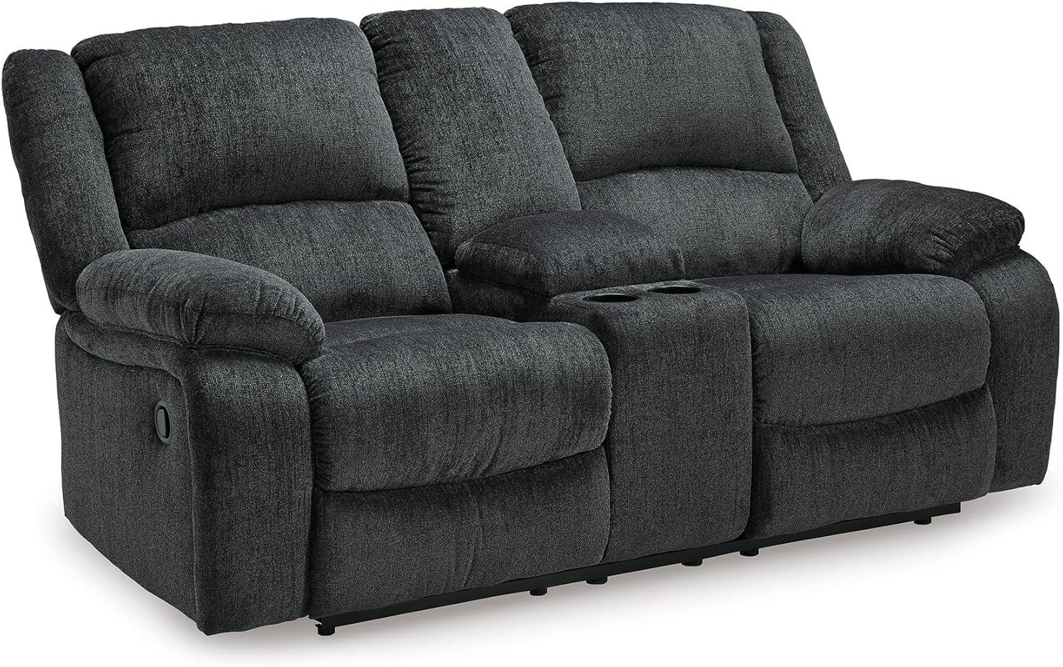 imageSignature Design by Ashley Draycoll Contemporary Reclining Loveseat with Storage Console and Cup Holders Pull Tab Reclining 21 Seat Height Dark GrayGrey