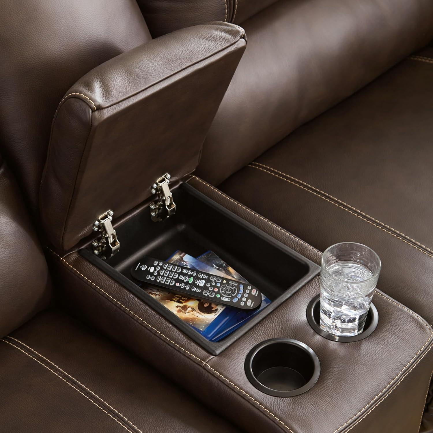 imageSignature Design by Ashley Dunleith Contemporary Leather Match Wall Hugger 3Piece Power Reclining Loveseat with Console Adjustable Headrest and USB Ports Dark Brown