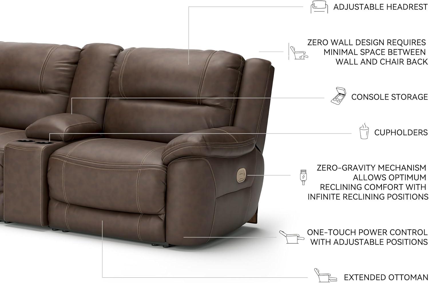 imageSignature Design by Ashley Dunleith Contemporary Leather Match Wall Hugger 3Piece Power Reclining Loveseat with Console Adjustable Headrest and USB Ports Dark Brown