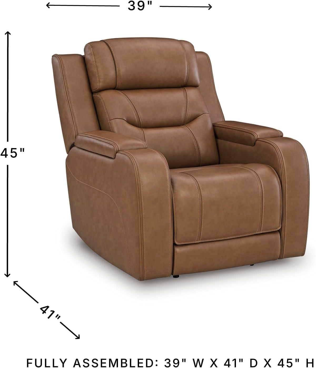 imageSignature Design by Ashley Guru Modern Leather Match Power Recliner with Audio Seating Adjustable Headrest USB Charging Port and Storage Light Brown