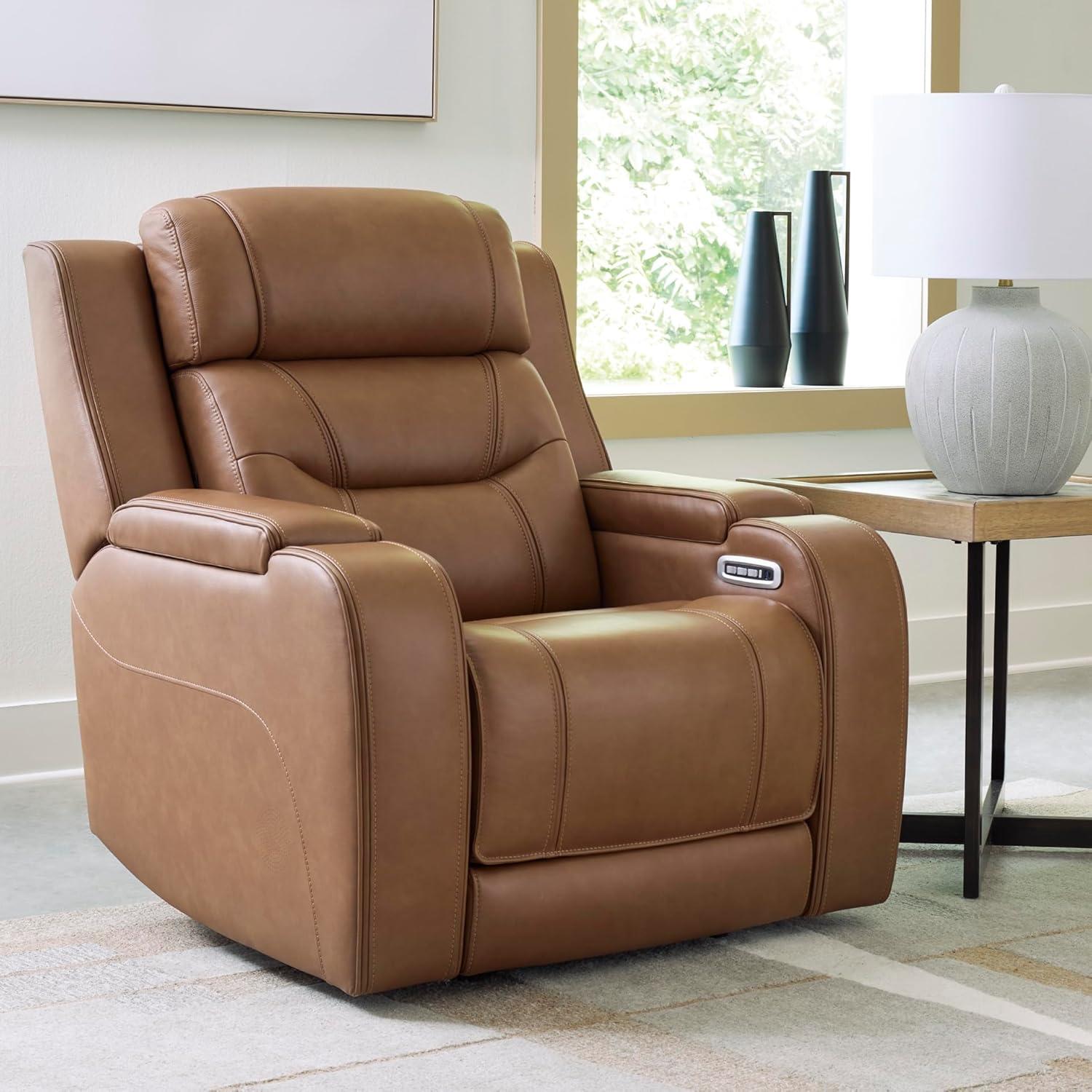 imageSignature Design by Ashley Guru Modern Leather Match Power Recliner with Audio Seating Adjustable Headrest USB Charging Port and Storage Light Brown
