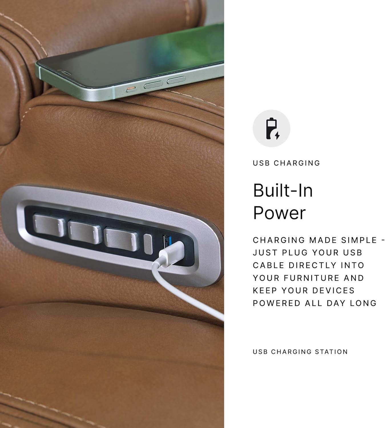 imageSignature Design by Ashley Guru Modern Leather Match Power Recliner with Audio Seating Adjustable Headrest USB Charging Port and Storage Light Brown