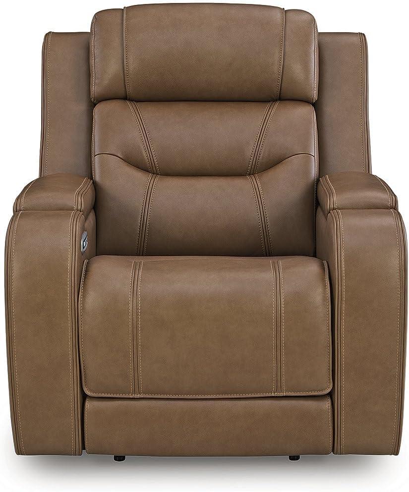 imageSignature Design by Ashley Guru Modern Leather Match Power Recliner with Audio Seating Adjustable Headrest USB Charging Port and Storage Light Brown