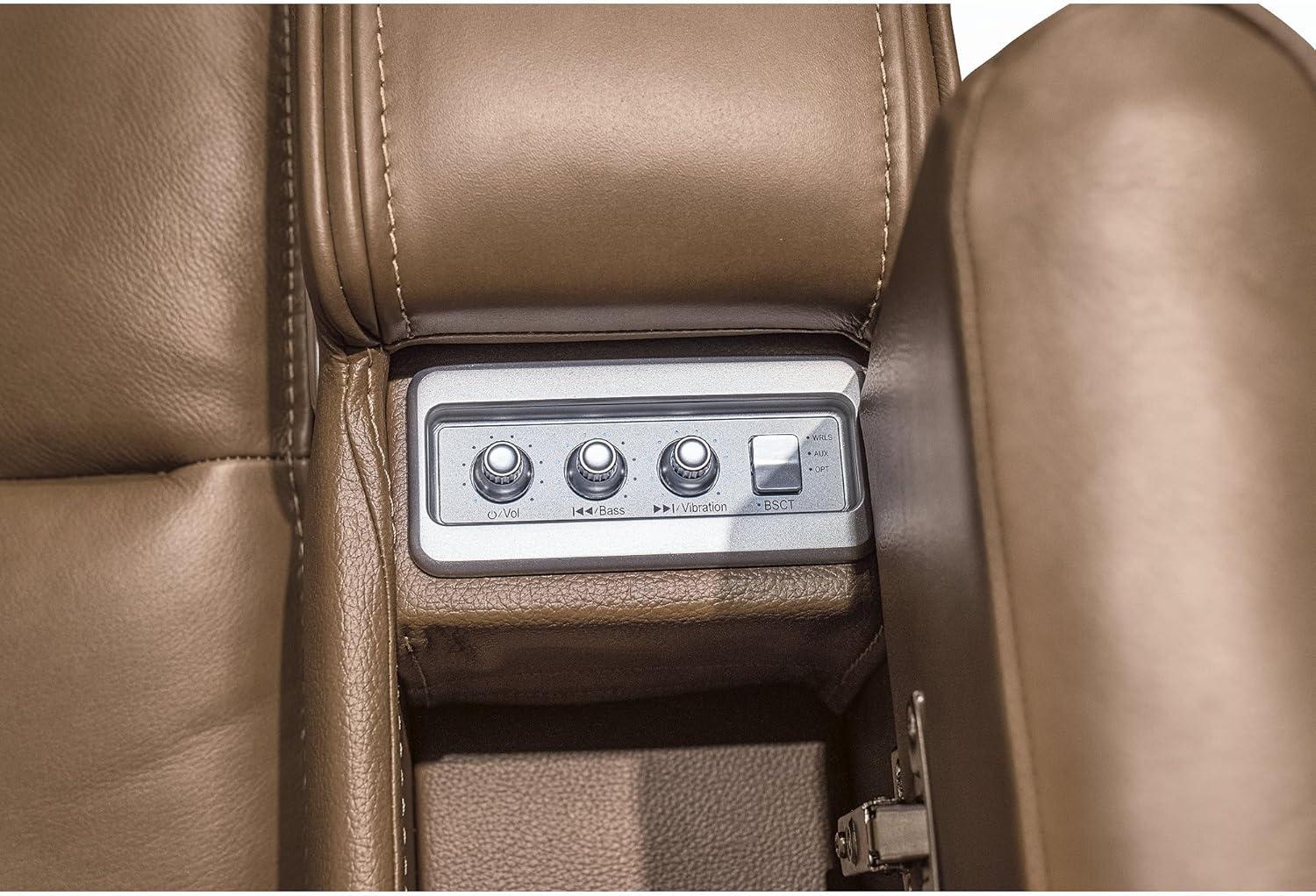 imageSignature Design by Ashley Guru Modern Leather Match Power Recliner with Audio Seating Adjustable Headrest USB Charging Port and Storage Light Brown