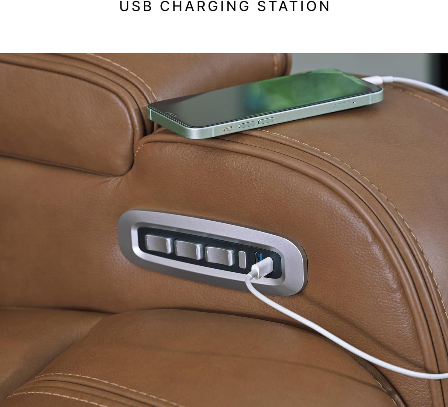 imageSignature Design by Ashley Guru Modern Leather Match Power Recliner with Audio Seating Adjustable Headrest USB Charging Port and Storage Light Brown