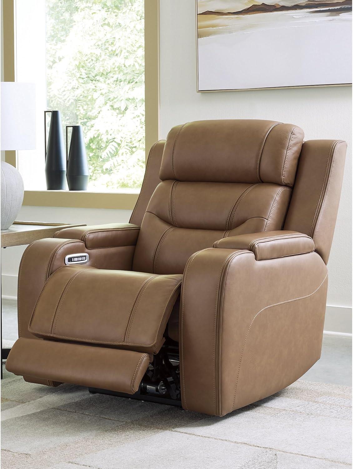 imageSignature Design by Ashley Guru Modern Leather Match Power Recliner with Audio Seating Adjustable Headrest USB Charging Port and Storage Light Brown