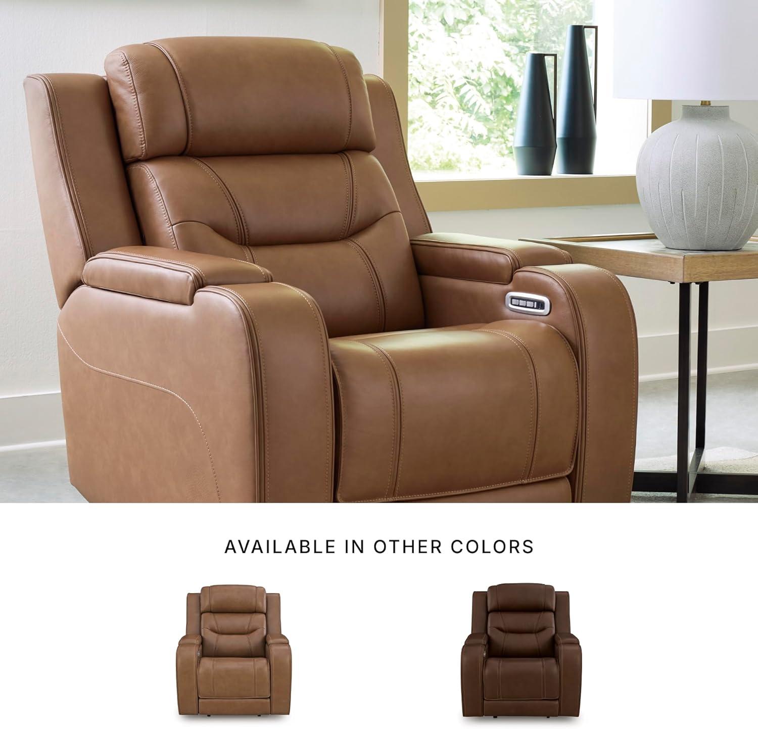 imageSignature Design by Ashley Guru Modern Leather Match Power Recliner with Audio Seating Adjustable Headrest USB Charging Port and Storage Light Brown