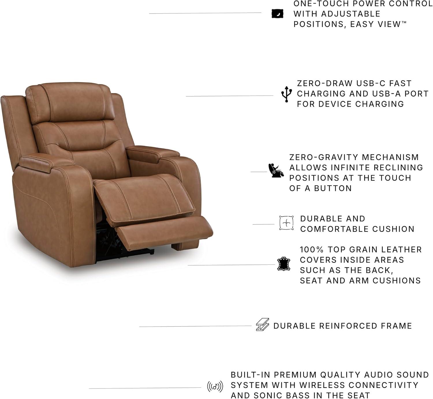 imageSignature Design by Ashley Guru Modern Leather Match Power Recliner with Audio Seating Adjustable Headrest USB Charging Port and Storage Light Brown