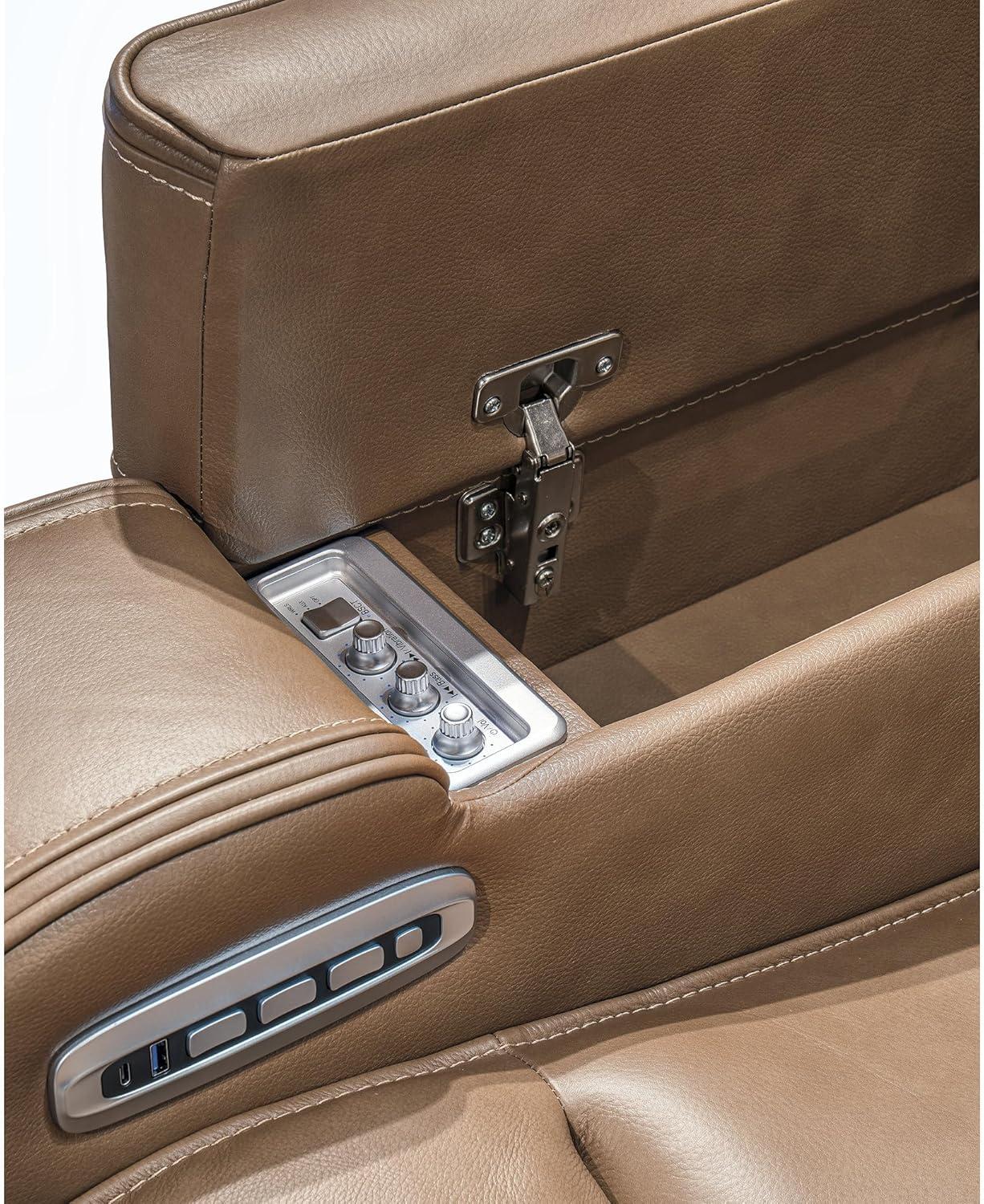 imageSignature Design by Ashley Guru Modern Leather Match Power Recliner with Audio Seating Adjustable Headrest USB Charging Port and Storage Light Brown