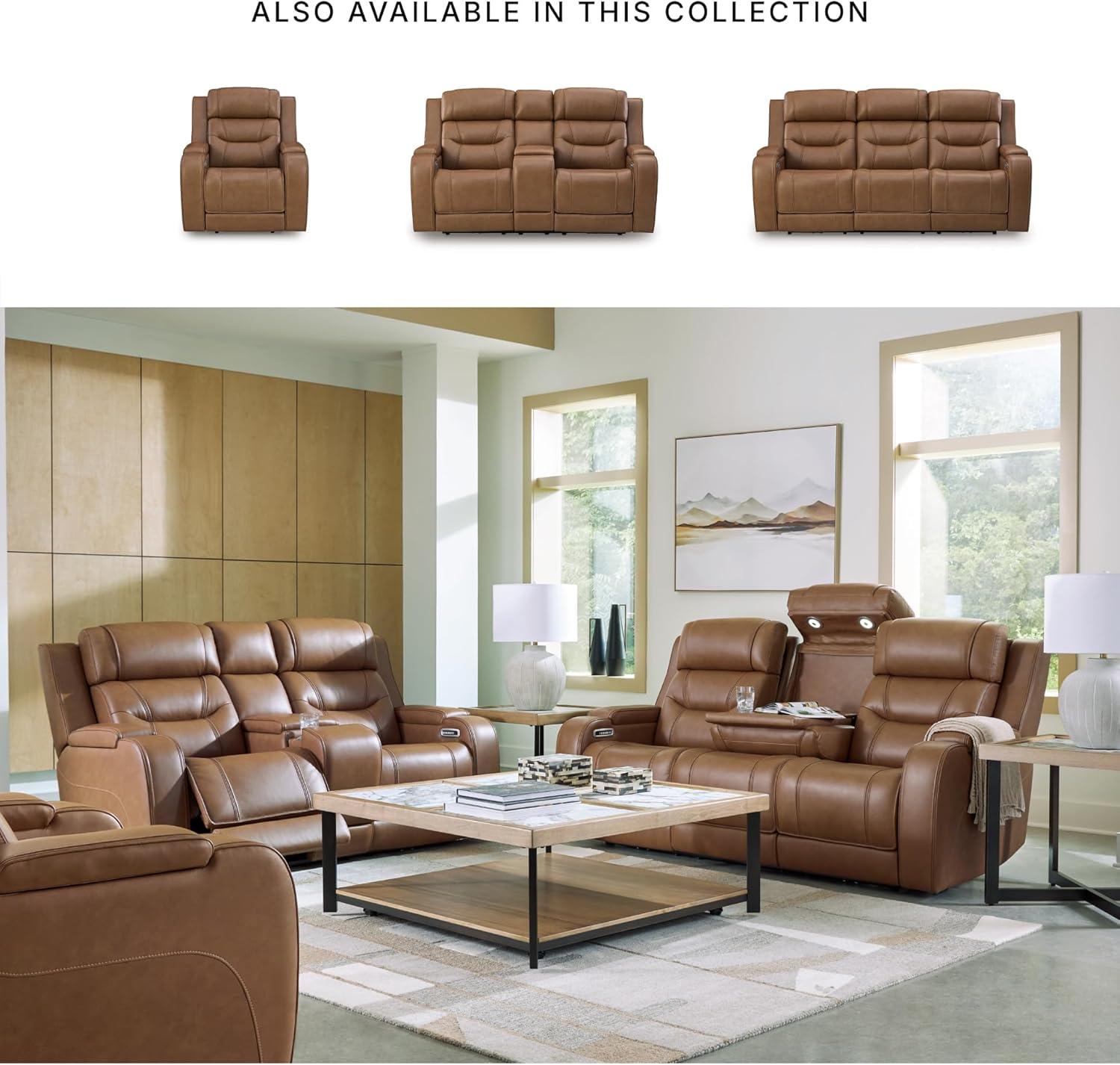 imageSignature Design by Ashley Guru Modern Leather Match Power Reclining Sofa with Audio Seating Drop Down Table Adjustable Headrest USB Charging Port and LED Light Dark BrownLight Brown