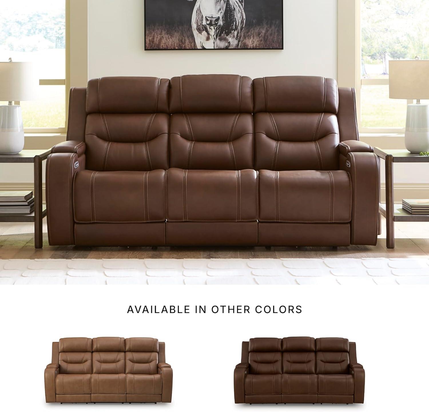 imageSignature Design by Ashley Guru Modern Leather Match Power Reclining Sofa with Audio Seating Drop Down Table Adjustable Headrest USB Charging Port and LED Light Light BrownDark Brown
