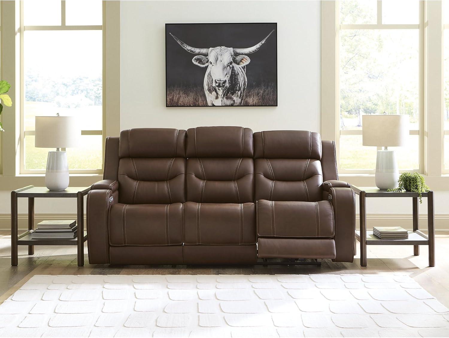 imageSignature Design by Ashley Guru Modern Leather Match Power Reclining Sofa with Audio Seating Drop Down Table Adjustable Headrest USB Charging Port and LED Light Light BrownDark Brown