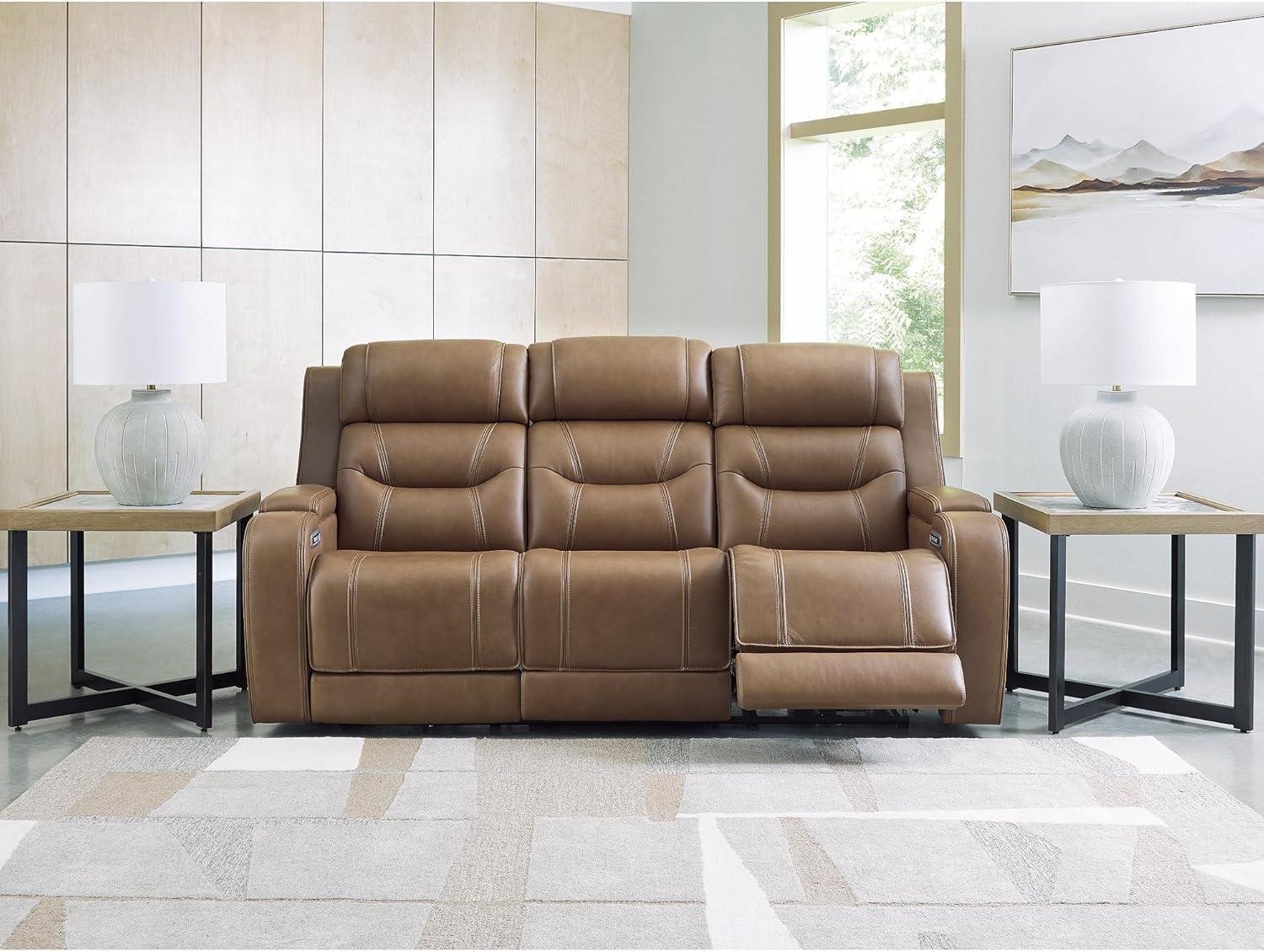 imageSignature Design by Ashley Guru Modern Leather Match Power Reclining Sofa with Audio Seating Drop Down Table Adjustable Headrest USB Charging Port and LED Light Dark BrownLight Brown