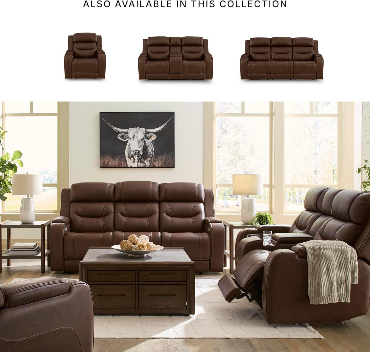 imageSignature Design by Ashley Guru Modern Leather Match Power Reclining Sofa with Audio Seating Drop Down Table Adjustable Headrest USB Charging Port and LED Light Dark BrownDark Brown