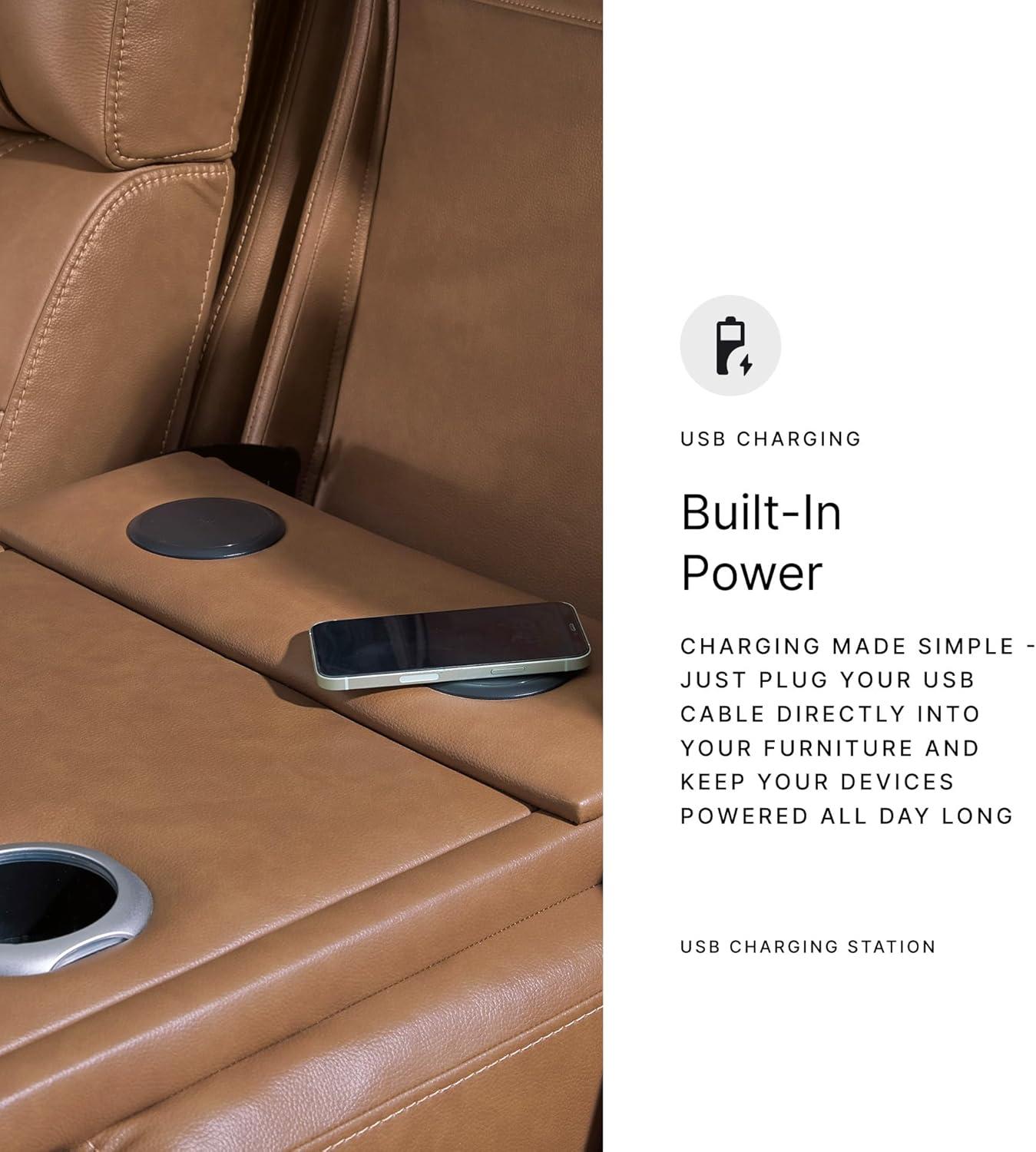 imageSignature Design by Ashley Guru Modern Leather Match Power Reclining Sofa with Audio Seating Drop Down Table Adjustable Headrest USB Charging Port and LED Light Dark BrownLight Brown