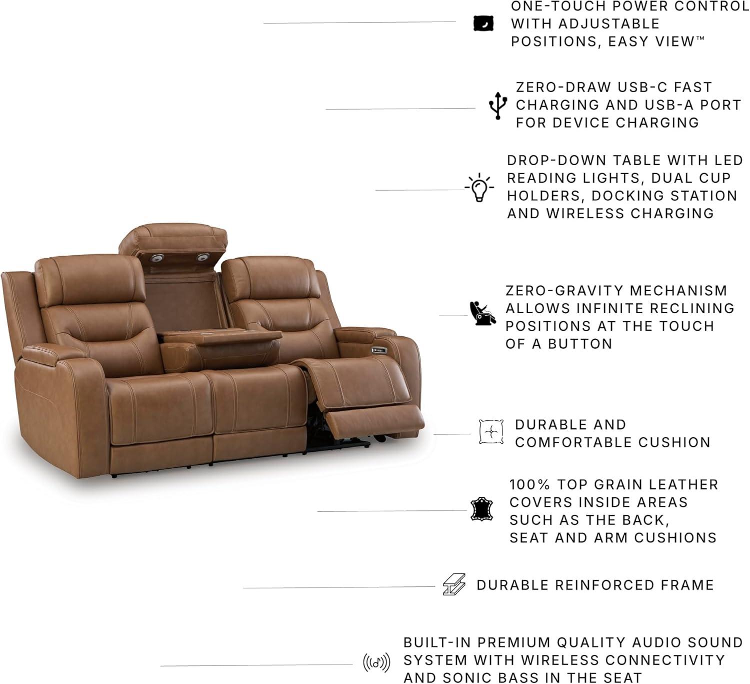 imageSignature Design by Ashley Guru Modern Leather Match Power Reclining Sofa with Audio Seating Drop Down Table Adjustable Headrest USB Charging Port and LED Light Dark BrownLight Brown