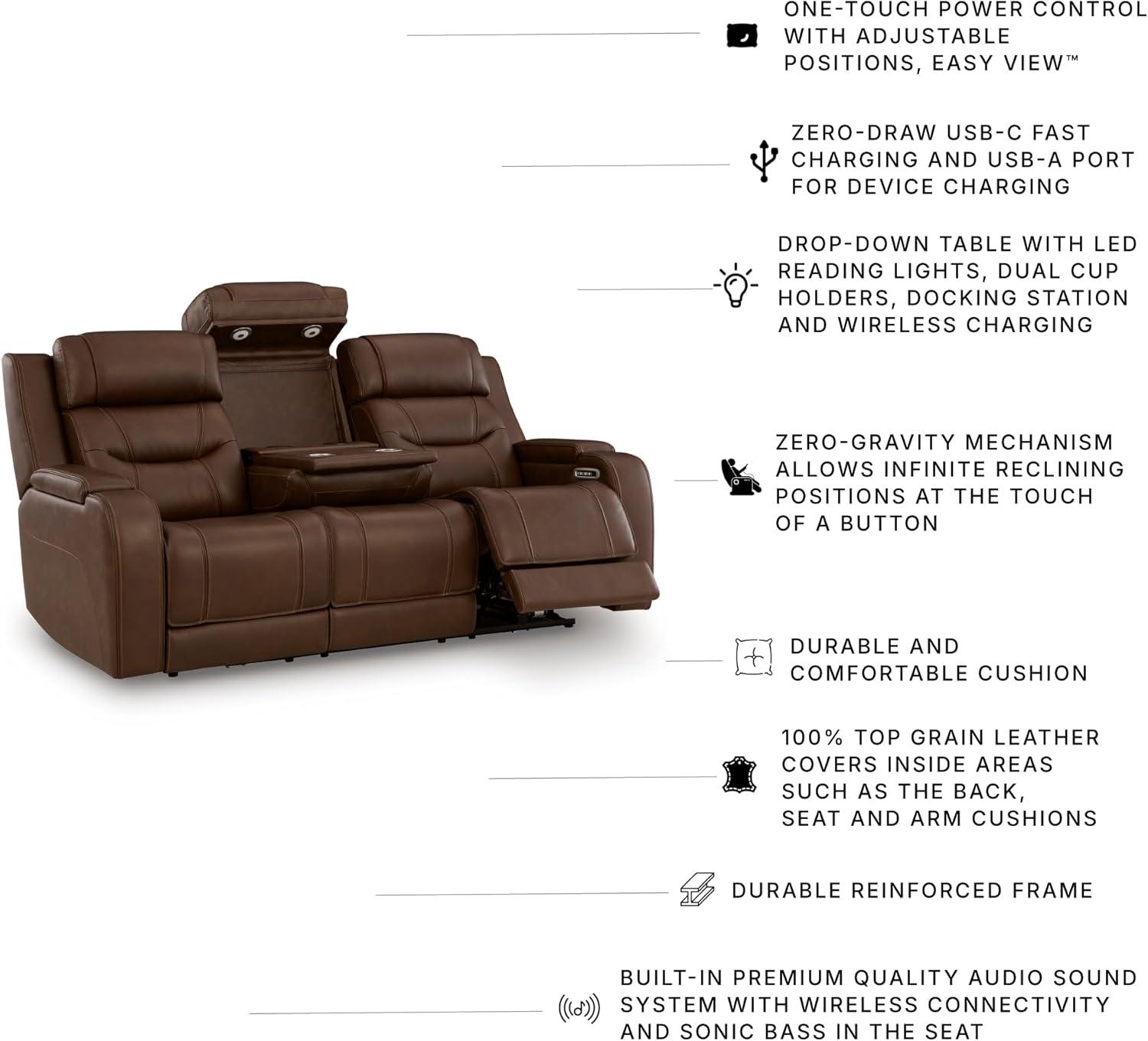 imageSignature Design by Ashley Guru Modern Leather Match Power Reclining Sofa with Audio Seating Drop Down Table Adjustable Headrest USB Charging Port and LED Light Light BrownDark Brown