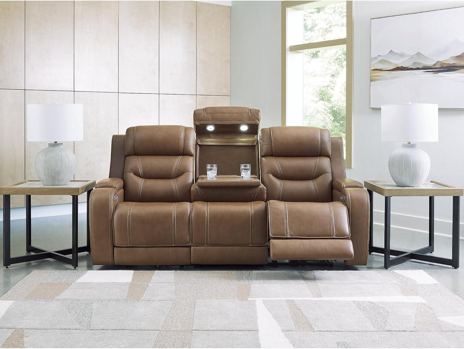 imageSignature Design by Ashley Guru Modern Leather Match Power Reclining Sofa with Audio Seating Drop Down Table Adjustable Headrest USB Charging Port and LED Light Dark BrownLight Brown