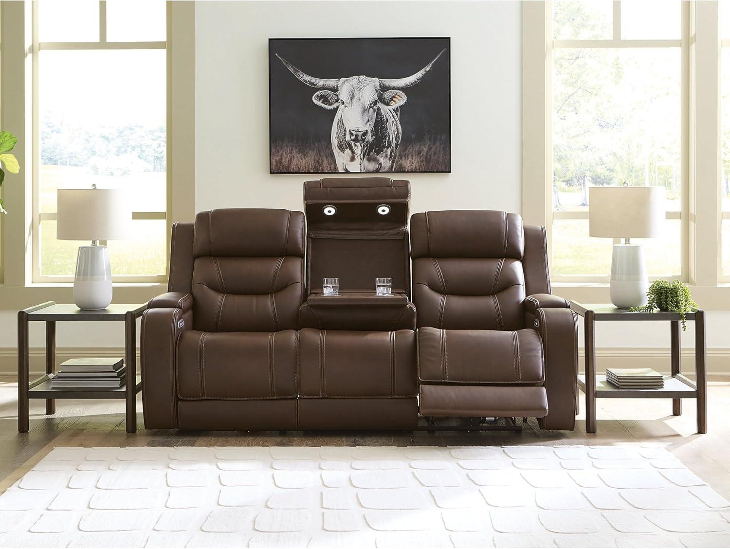 imageSignature Design by Ashley Guru Modern Leather Match Power Reclining Sofa with Audio Seating Drop Down Table Adjustable Headrest USB Charging Port and LED Light Dark BrownDark Brown