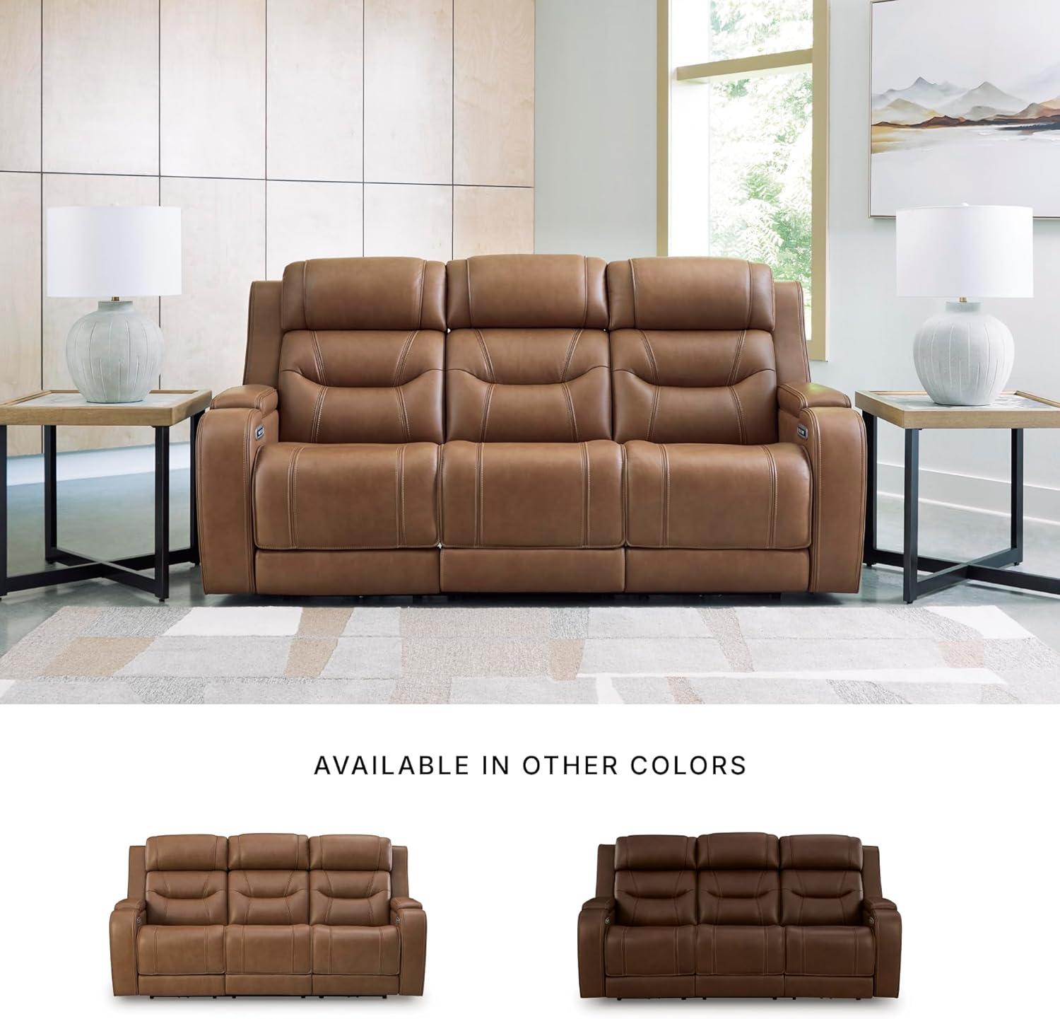 imageSignature Design by Ashley Guru Modern Leather Match Power Reclining Sofa with Audio Seating Drop Down Table Adjustable Headrest USB Charging Port and LED Light Dark BrownLight Brown