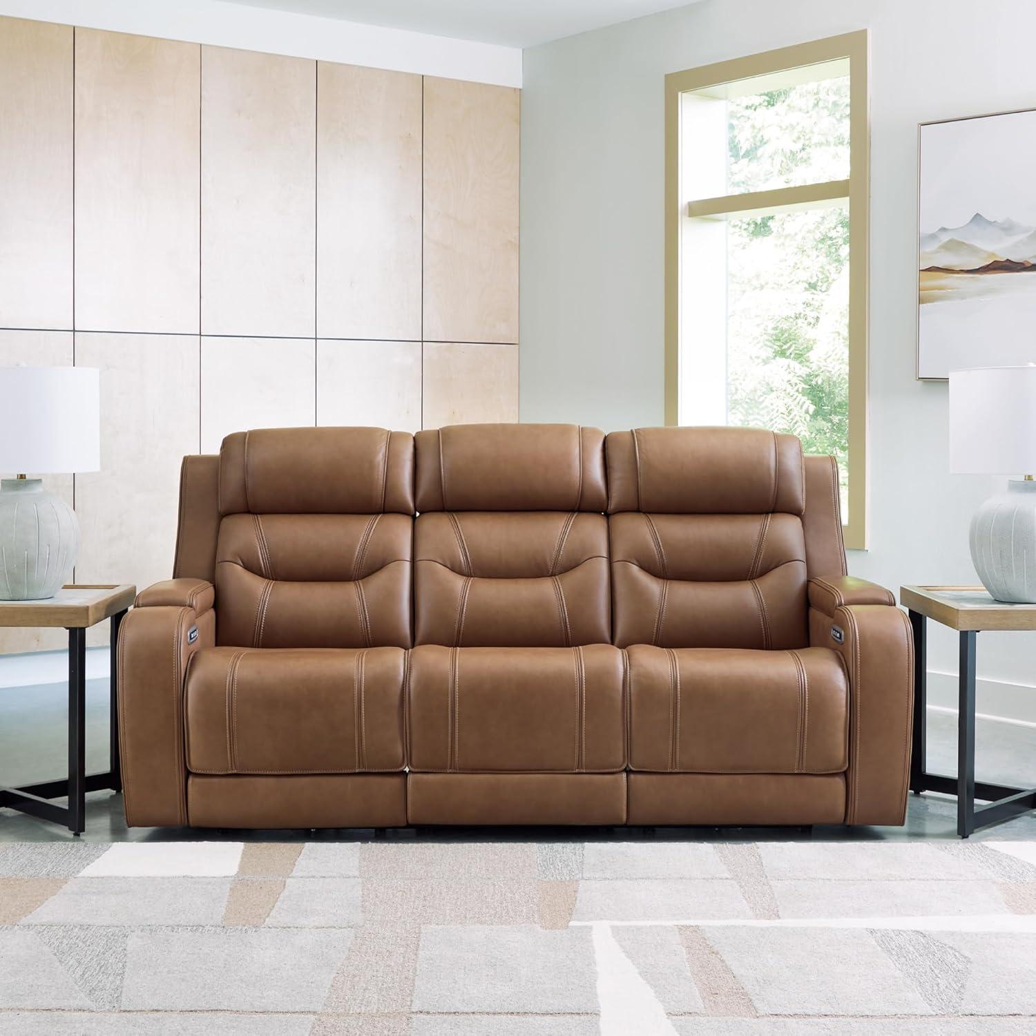imageSignature Design by Ashley Guru Modern Leather Match Power Reclining Sofa with Audio Seating Drop Down Table Adjustable Headrest USB Charging Port and LED Light Dark BrownLight Brown