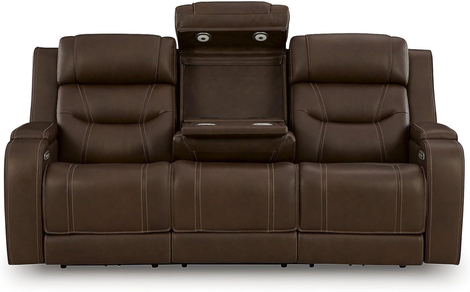 imageSignature Design by Ashley Guru Modern Leather Match Power Reclining Sofa with Audio Seating Drop Down Table Adjustable Headrest USB Charging Port and LED Light Dark BrownDark Brown