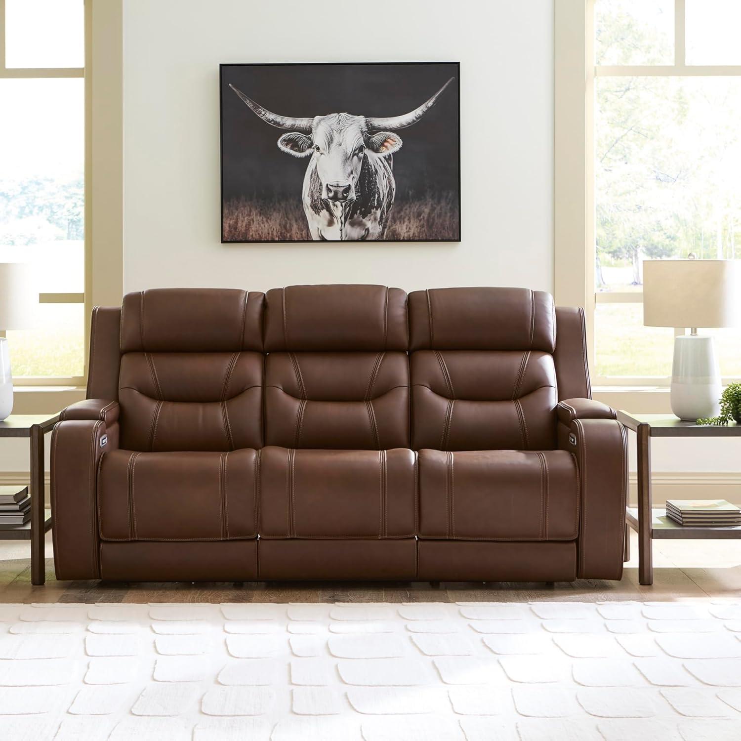 imageSignature Design by Ashley Guru Modern Leather Match Power Reclining Sofa with Audio Seating Drop Down Table Adjustable Headrest USB Charging Port and LED Light Light BrownDark Brown