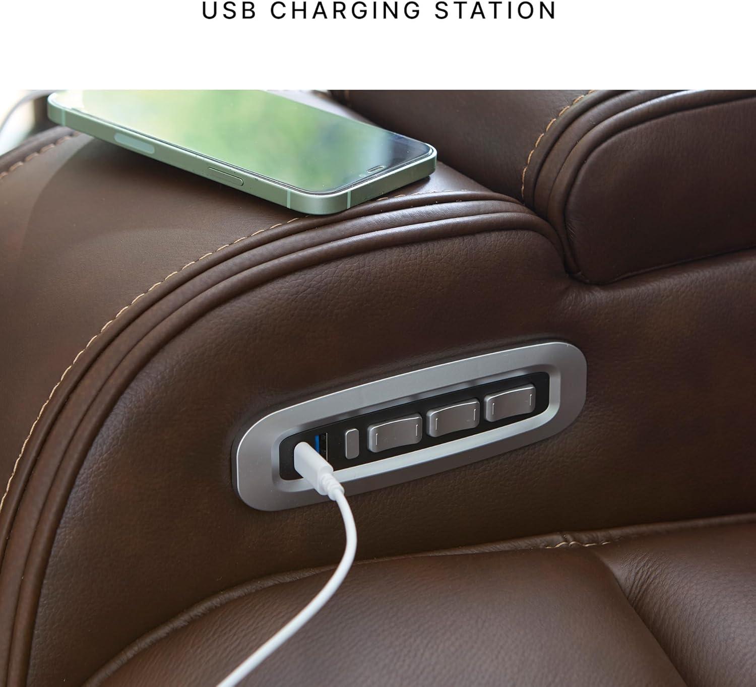 imageSignature Design by Ashley Guru Modern Leather Match Power Reclining Sofa with Audio Seating Drop Down Table Adjustable Headrest USB Charging Port and LED Light Dark BrownDark Brown