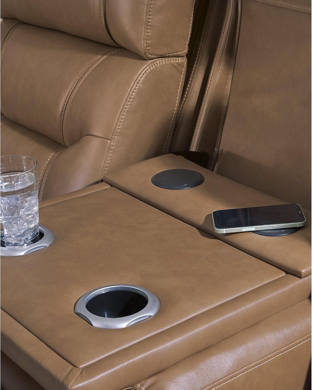 imageSignature Design by Ashley Guru Modern Leather Match Power Reclining Sofa with Audio Seating Drop Down Table Adjustable Headrest USB Charging Port and LED Light Dark BrownLight Brown