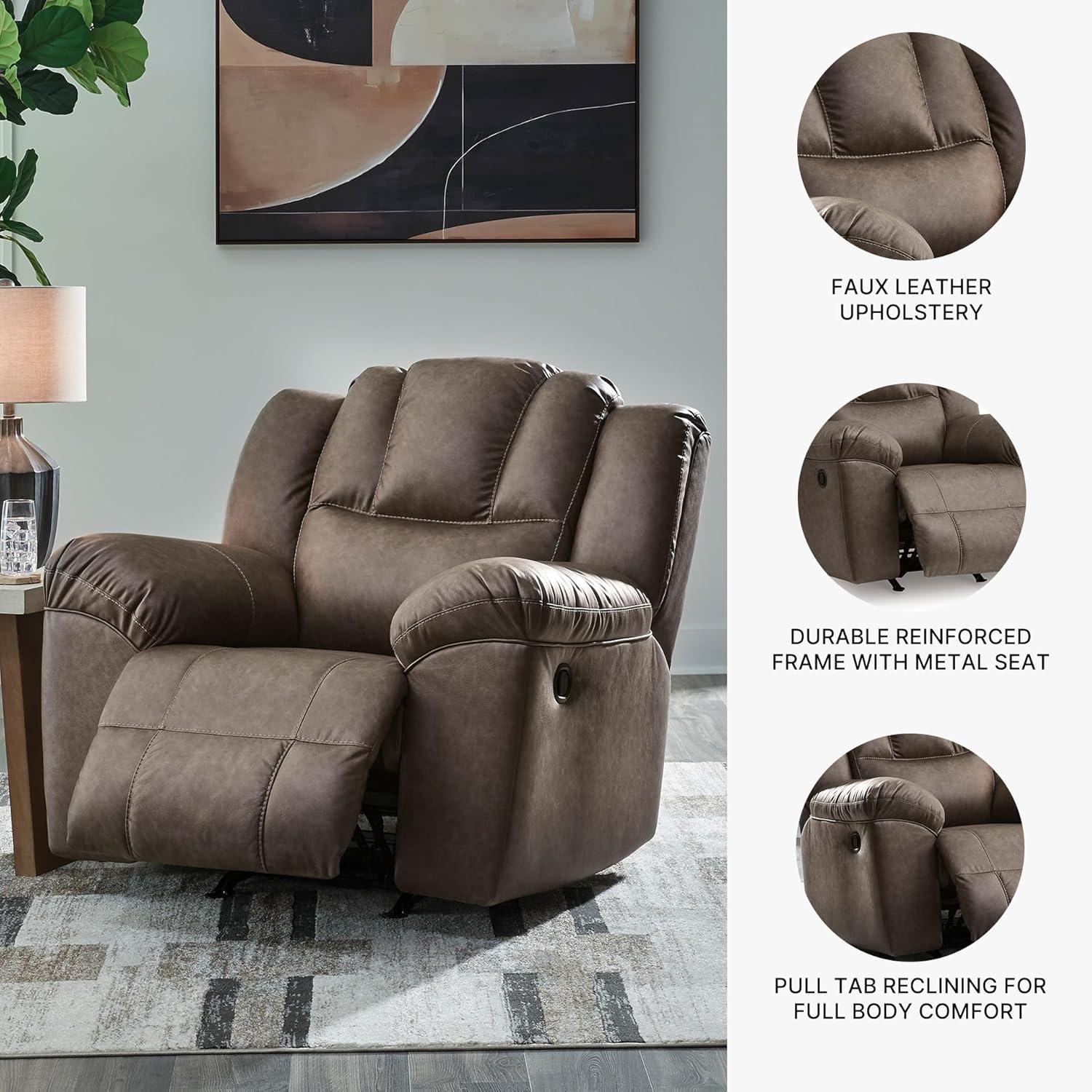 imageSignature Design by Ashley Knoxlee Contemporary Rocker Recliner Pull Tab Reclining Faux Leather Upholstery Foam Cushion 43 W x 41 D x 42 H Brown