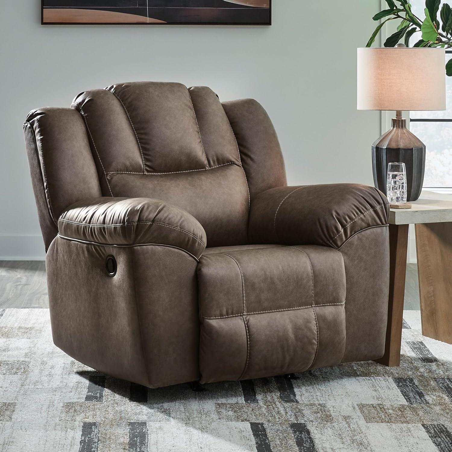 imageSignature Design by Ashley Knoxlee Contemporary Rocker Recliner Pull Tab Reclining Faux Leather Upholstery Foam Cushion 43 W x 41 D x 42 H Brown