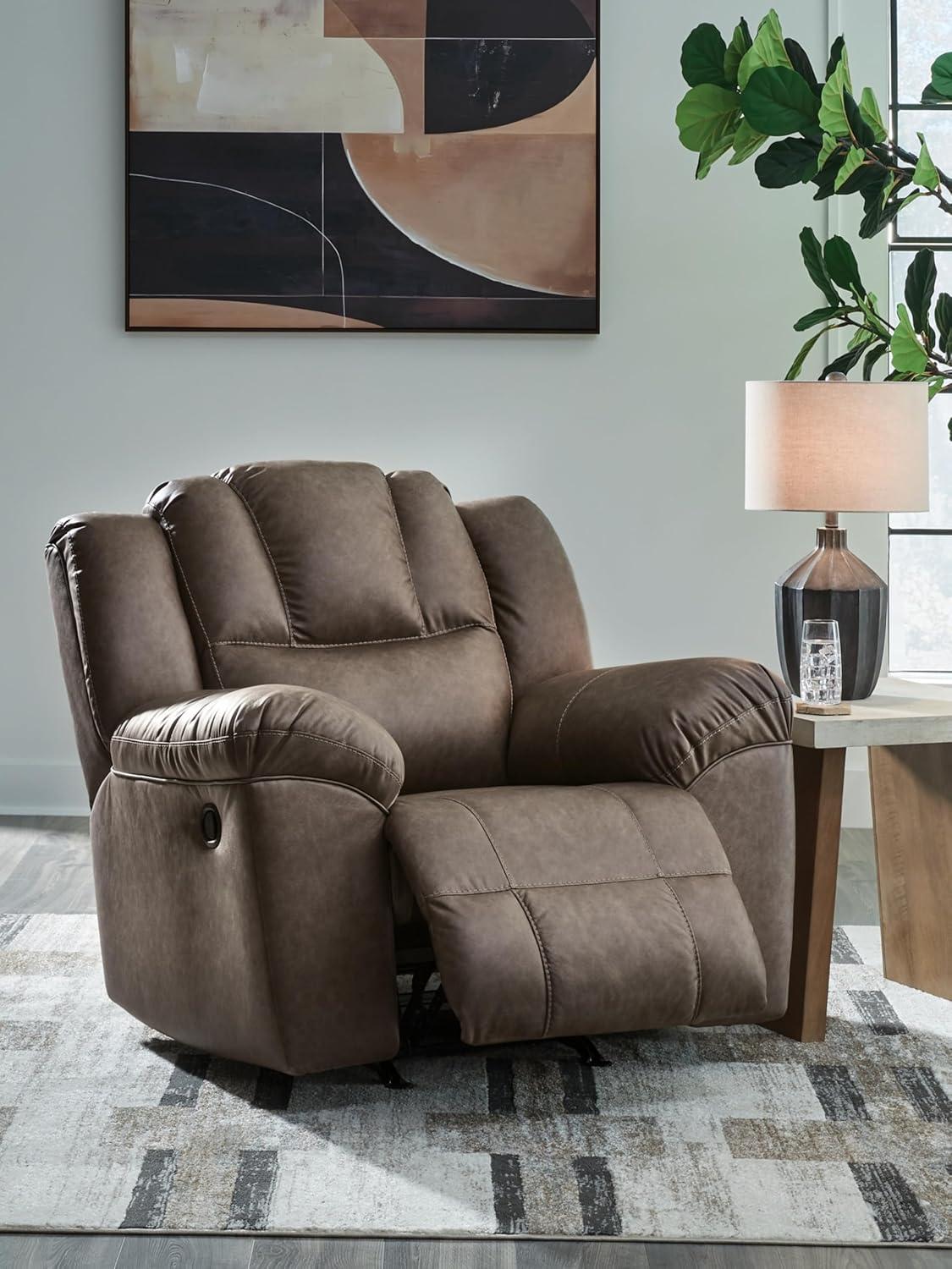 imageSignature Design by Ashley Knoxlee Contemporary Rocker Recliner Pull Tab Reclining Faux Leather Upholstery Foam Cushion 43 W x 41 D x 42 H Brown