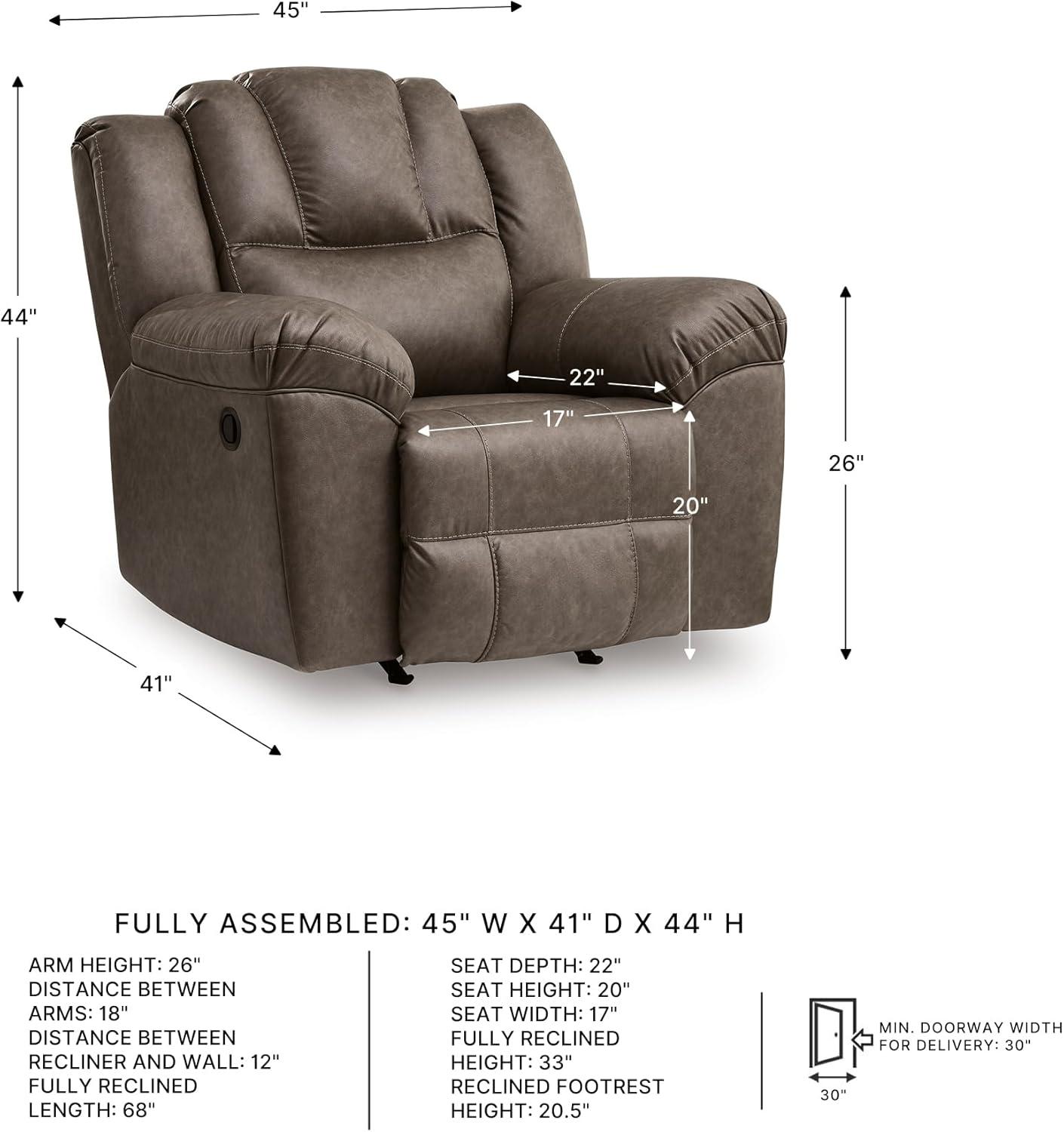 imageSignature Design by Ashley Knoxlee Contemporary Rocker Recliner Pull Tab Reclining Faux Leather Upholstery Foam Cushion 43 W x 41 D x 42 H Brown