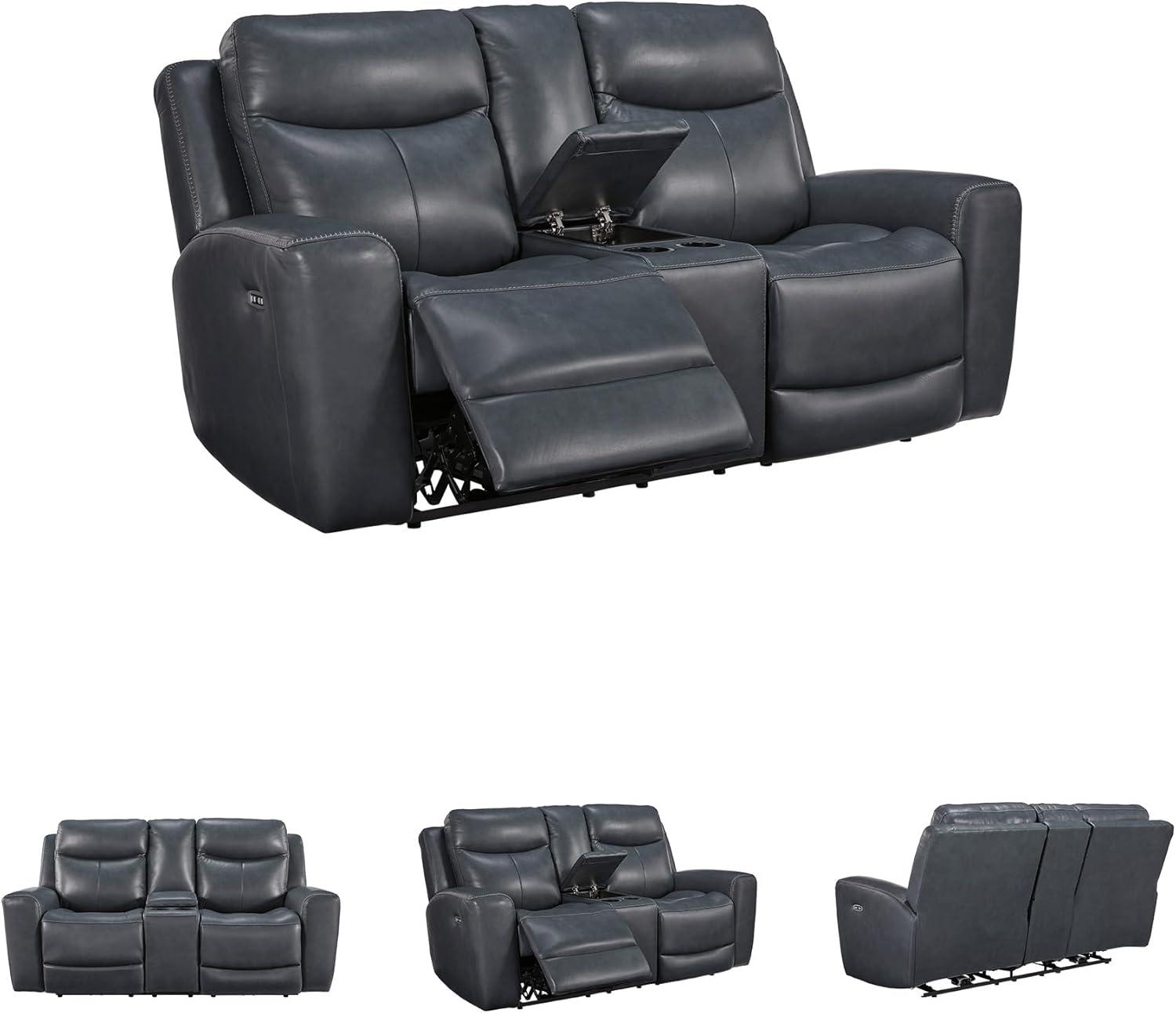 imageSignature Design by Ashley Mighty Moves Contemporary Power Leather Match Reclining Loveseat with Console Adjustable Headrest and USB Charging Ports Blue