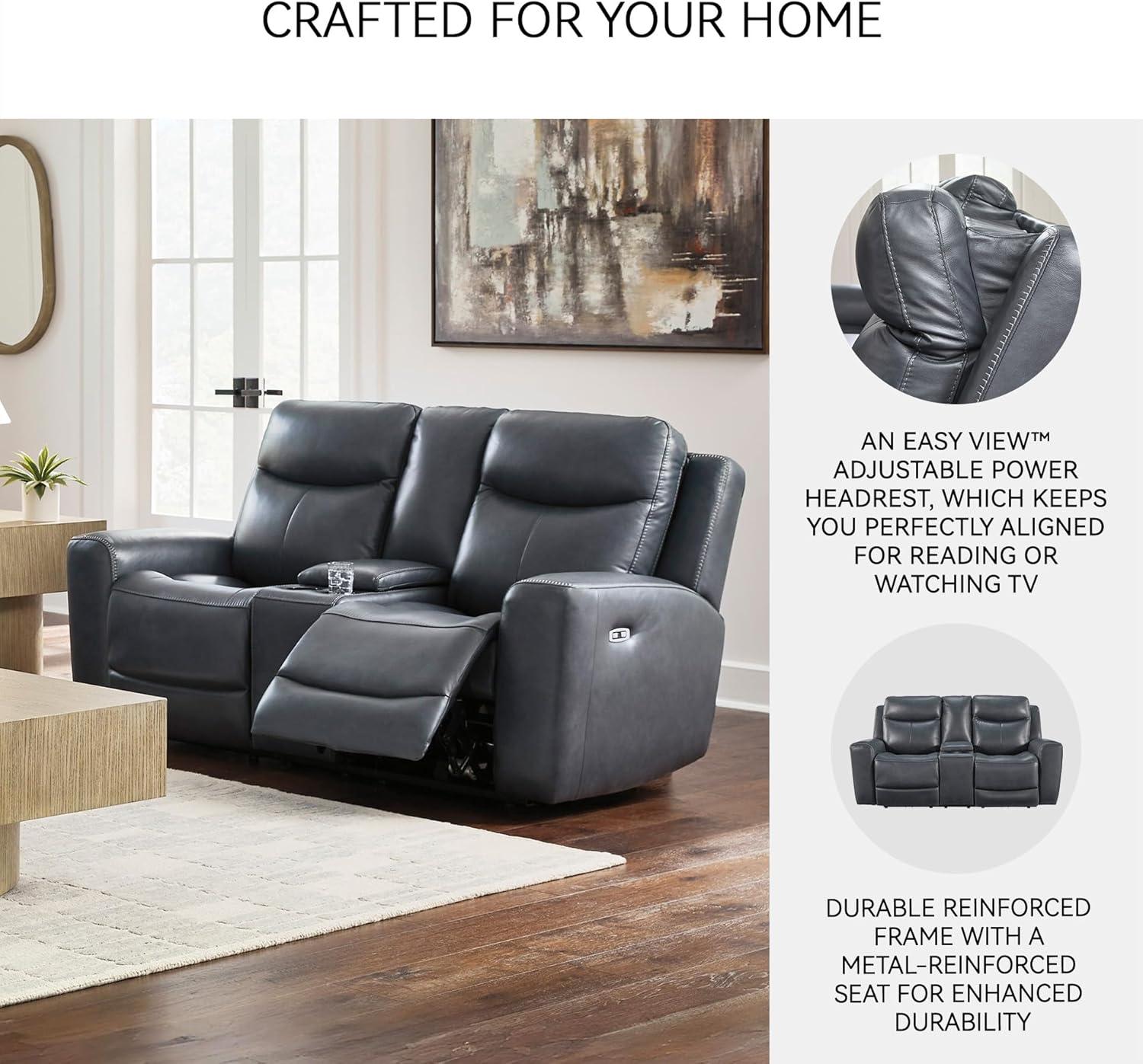 imageSignature Design by Ashley Mighty Moves Contemporary Power Leather Match Reclining Loveseat with Console Adjustable Headrest and USB Charging Ports Blue