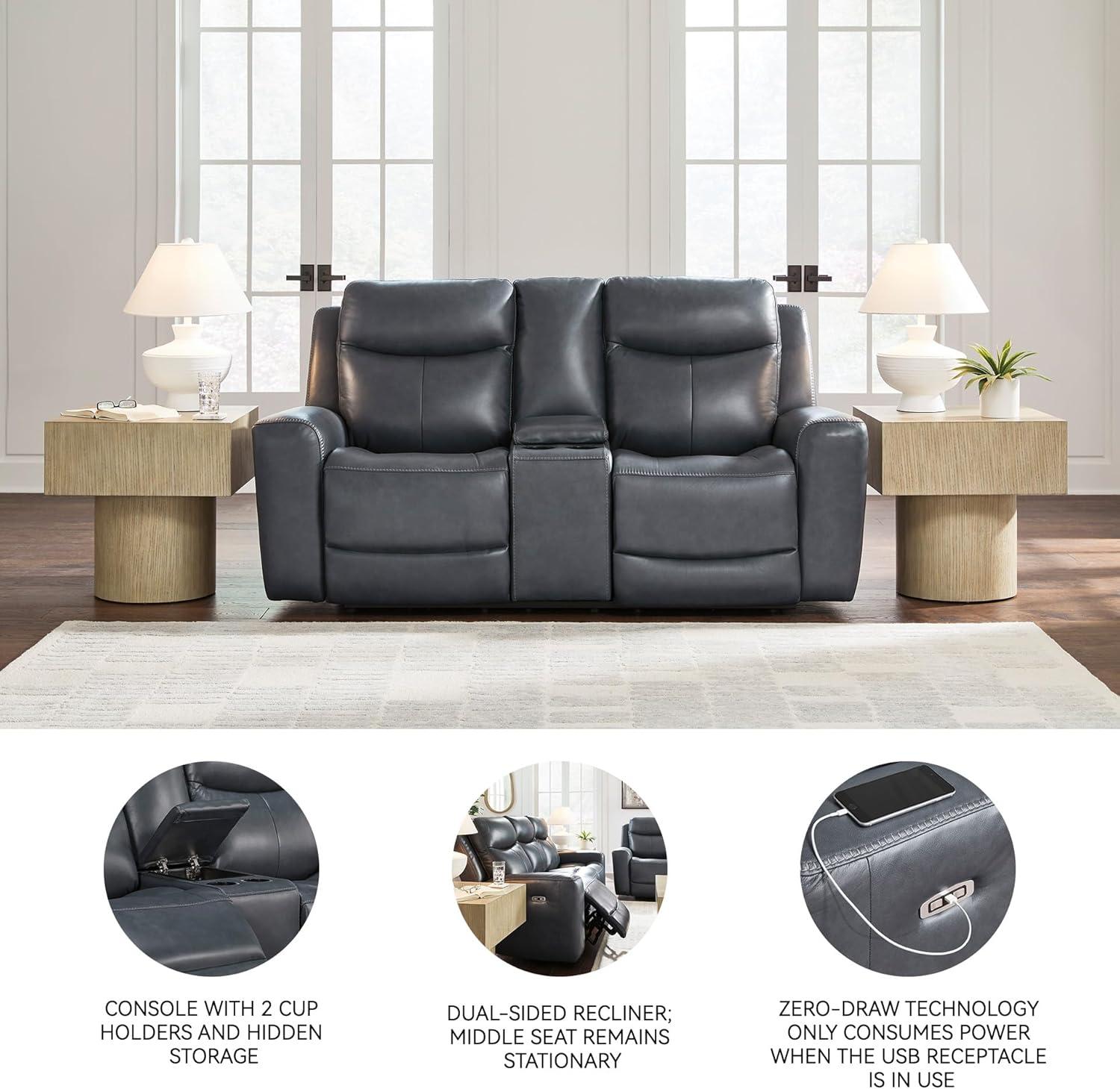imageSignature Design by Ashley Mighty Moves Contemporary Power Leather Match Reclining Loveseat with Console Adjustable Headrest and USB Charging Ports Blue