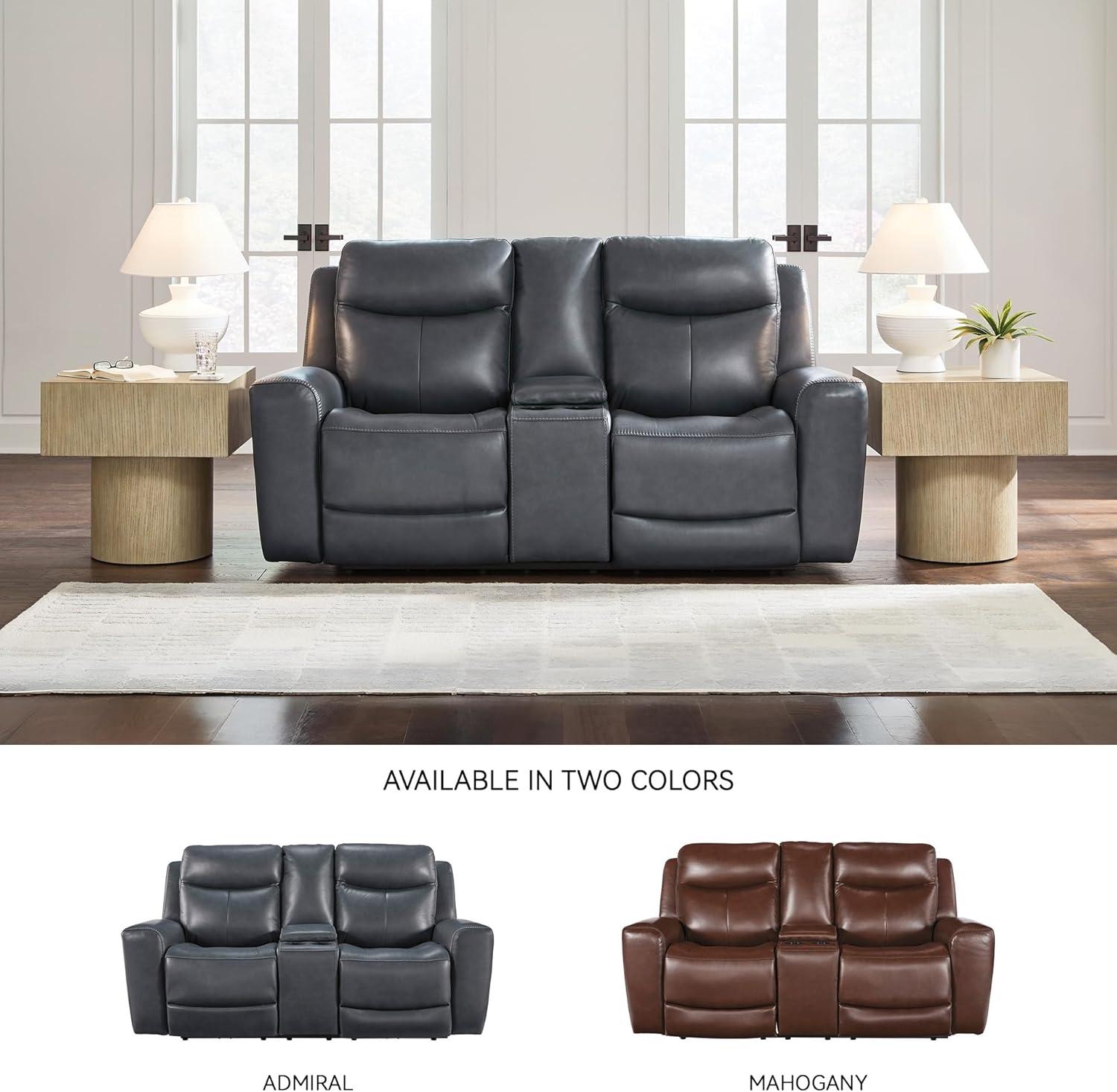 imageSignature Design by Ashley Mighty Moves Contemporary Power Leather Match Reclining Loveseat with Console Adjustable Headrest and USB Charging Ports Blue