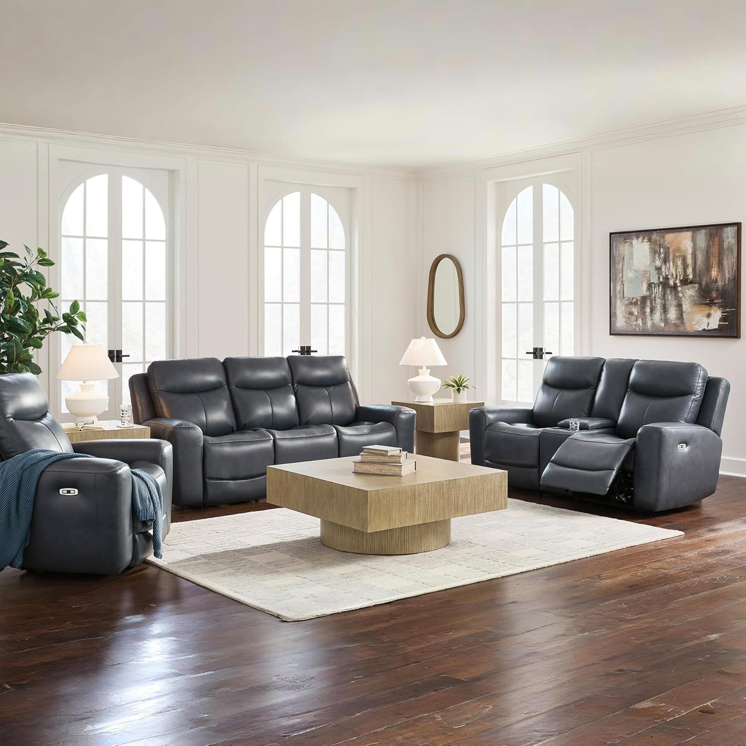 imageSignature Design by Ashley Mighty Moves Contemporary Power Leather Match Reclining Loveseat with Console Adjustable Headrest and USB Charging Ports Blue