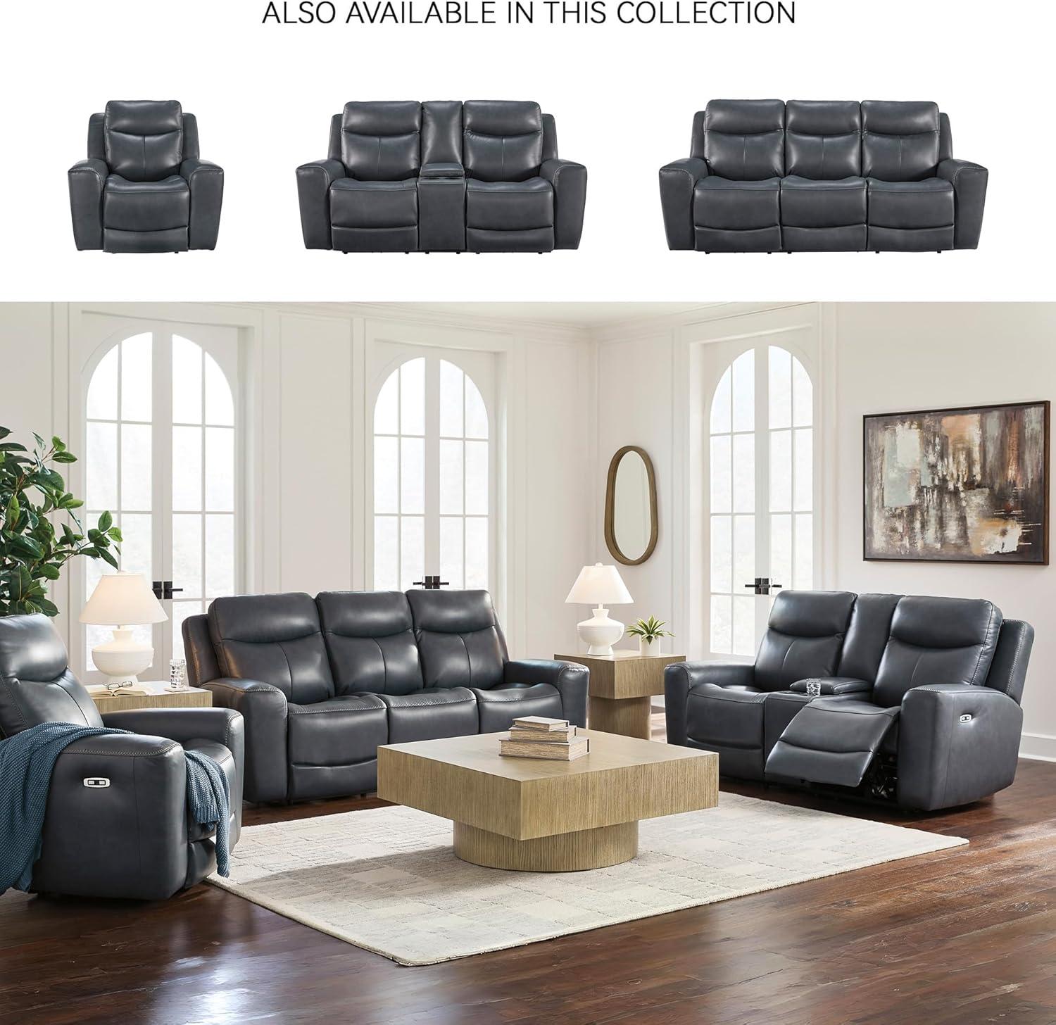 imageSignature Design by Ashley Mighty Moves Contemporary Power Leather Match Reclining Loveseat with Console Adjustable Headrest and USB Charging Ports Blue