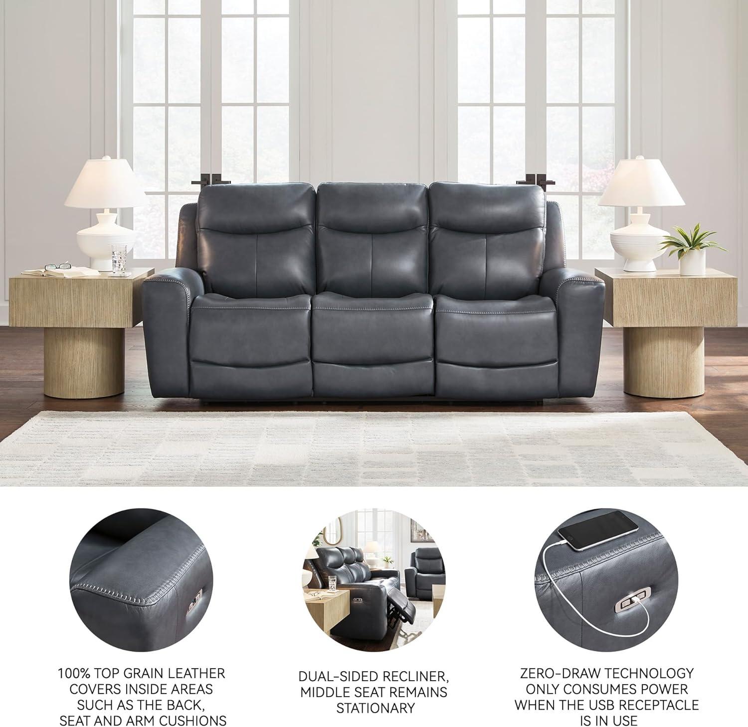 imageSignature Design by Ashley Mighty Moves Contemporary Power Leather Match Reclining Sofa with Position Lock Adjustable Headrest and USB Charging Ports Blue