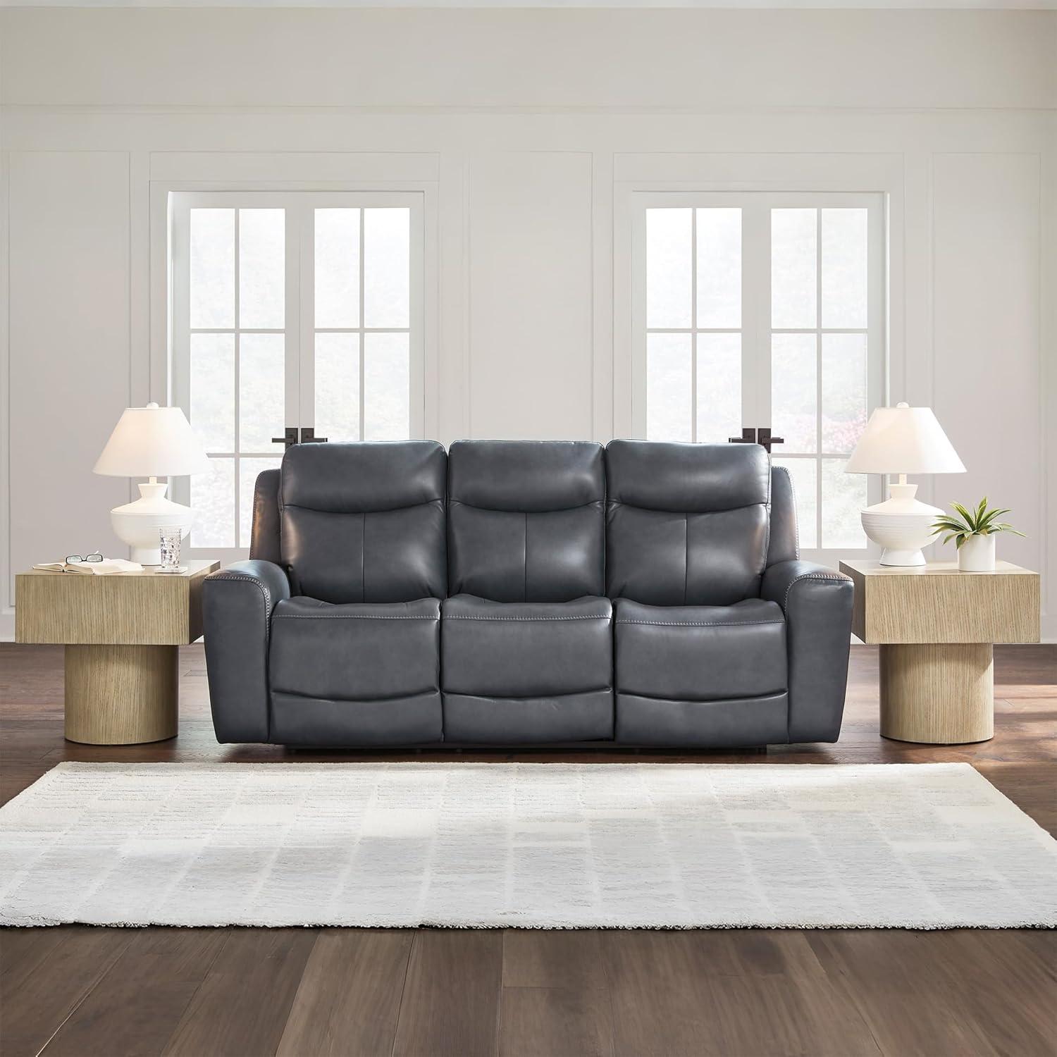 imageSignature Design by Ashley Mighty Moves Contemporary Power Leather Match Reclining Sofa with Position Lock Adjustable Headrest and USB Charging Ports Blue
