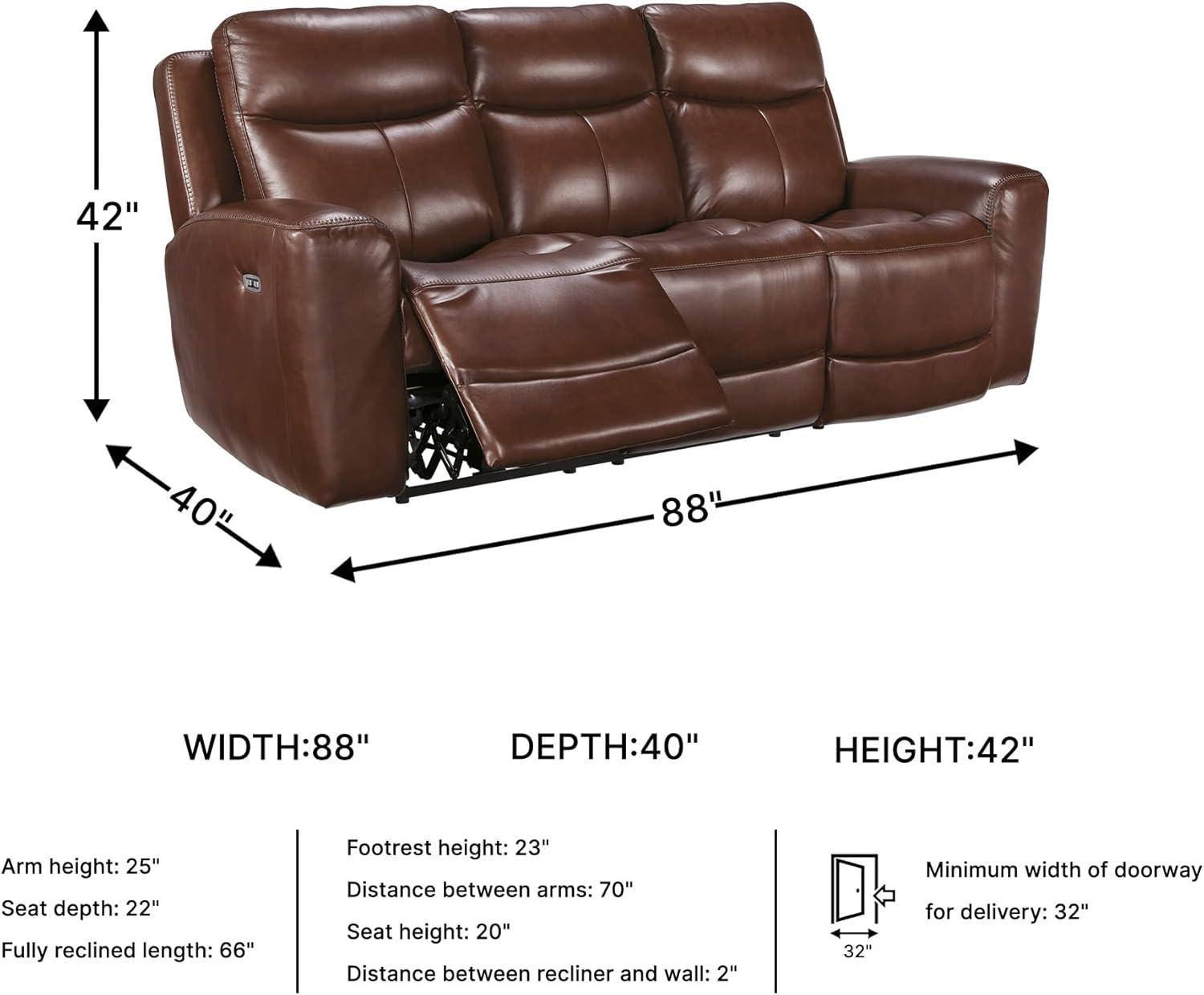 imageSignature Design by Ashley Mighty Moves Transitional Leather Match Power Reclining Sofa with Adjustable Headrest and USB Charging Port Dark Brown